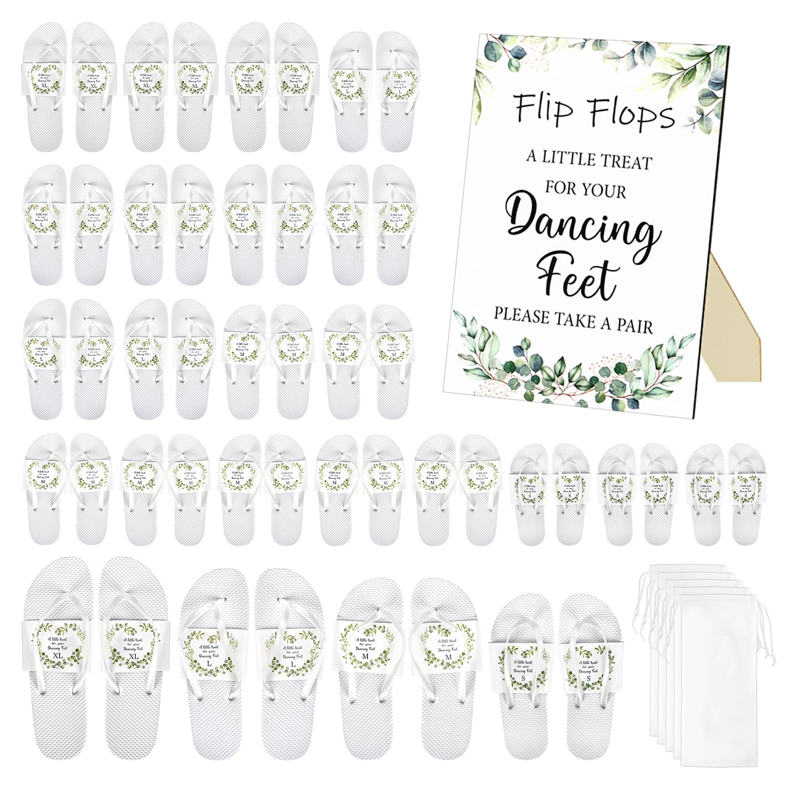 Winocbxt Wedding Flip Flops Bulk Gifts for Guests, Wholesale Sandals with Size Cards Drawstring Bags and A Wedding Sign for Pool Beach Dancing Party（24 or 48 Pairs Available）, White, Large Women