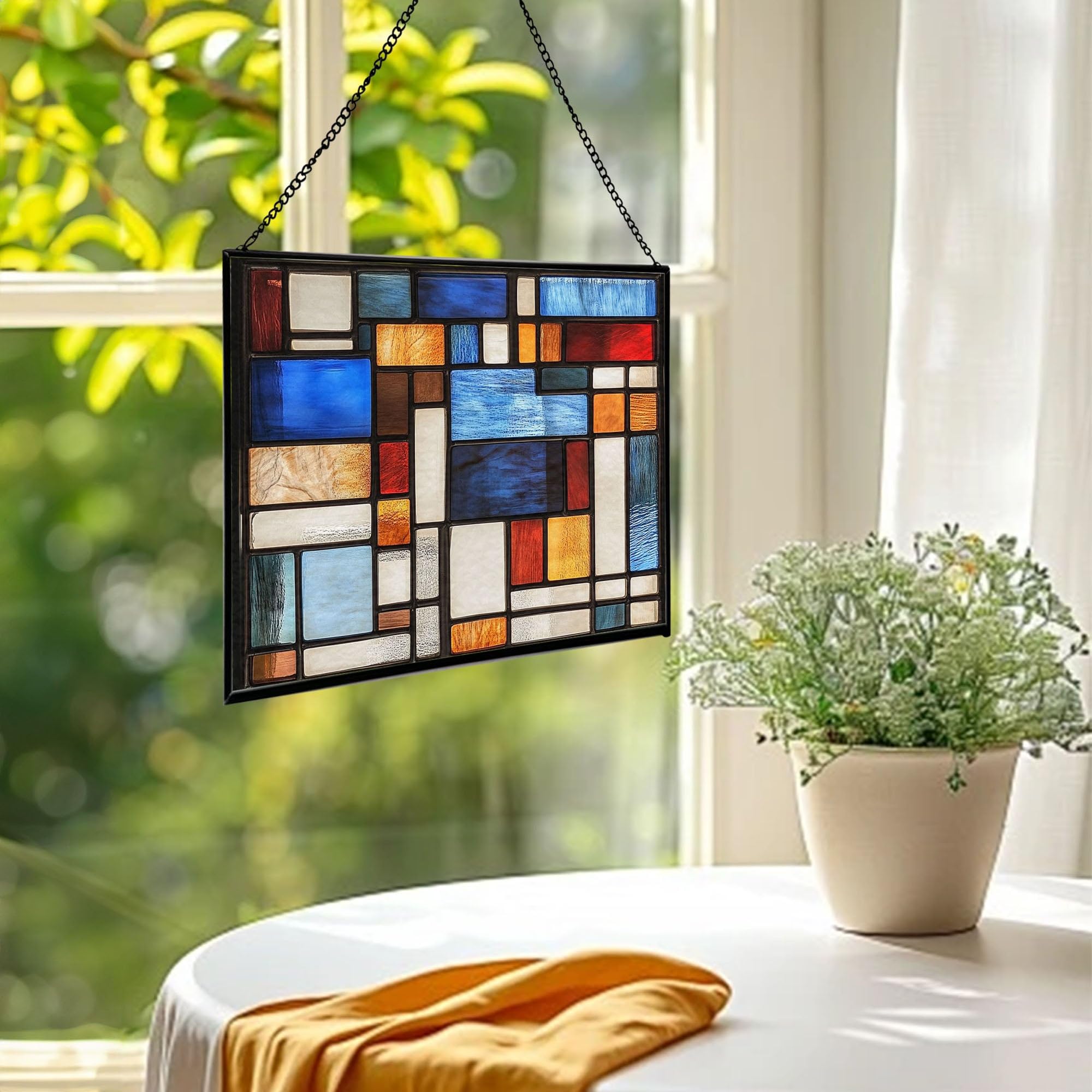 Elegant Mission Tiffany Stained Glass Window Panel, Handmade 13x9.5 Inch Rectangle Hanging Decor with Chain, Artistic Suncatcher for Home Use 91OR10