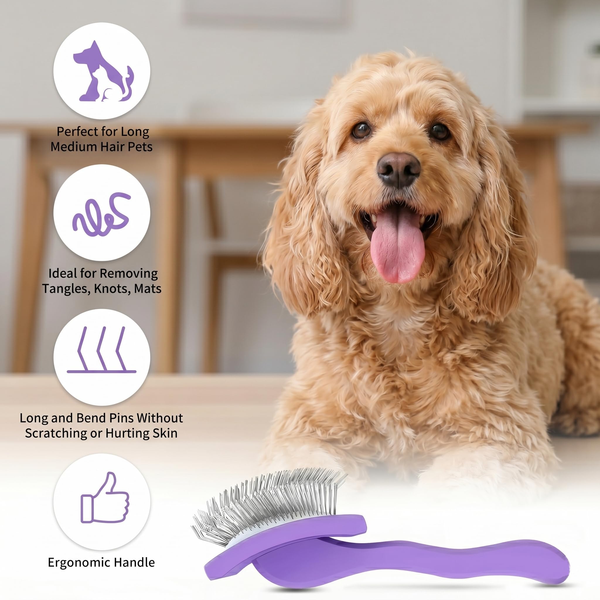 Juego de cepillo para perros y peine de acero inoxidable para pelar y asear perros medianos y grandes, largos o gruesos, garabatos y gatos, cepillo de 1 pulgada con mango ergonómico de madera