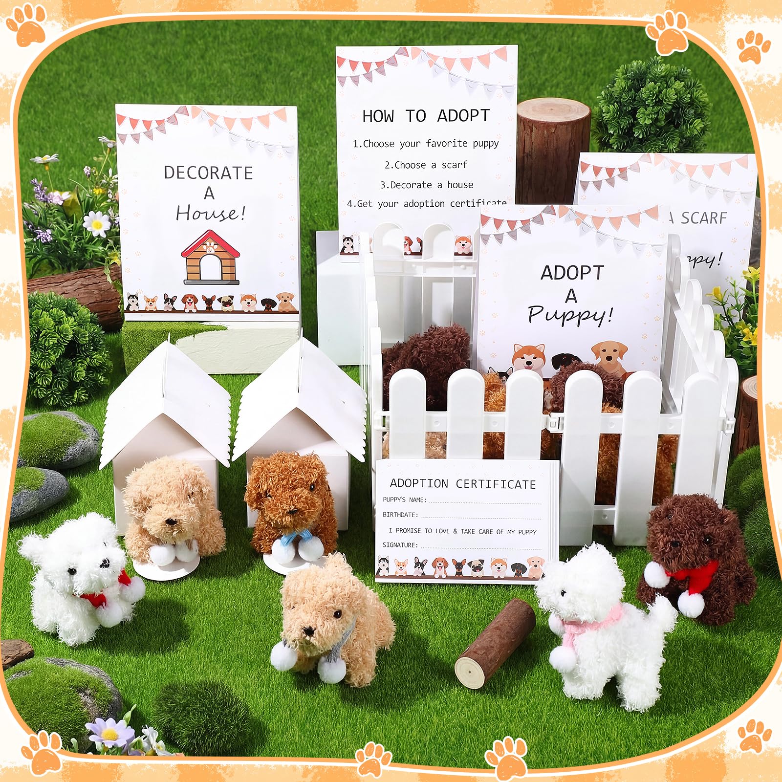 60pcs Adopt a Puppy Dog Party Favors Peluche Cani Ripieni Giocattoli Set Include 12 Mini Animali Di Peluche Animali, 12 Sciarpe Cucciolo, 12 Carte Adozione, 12 Scatole Casa, 4 Segnali di