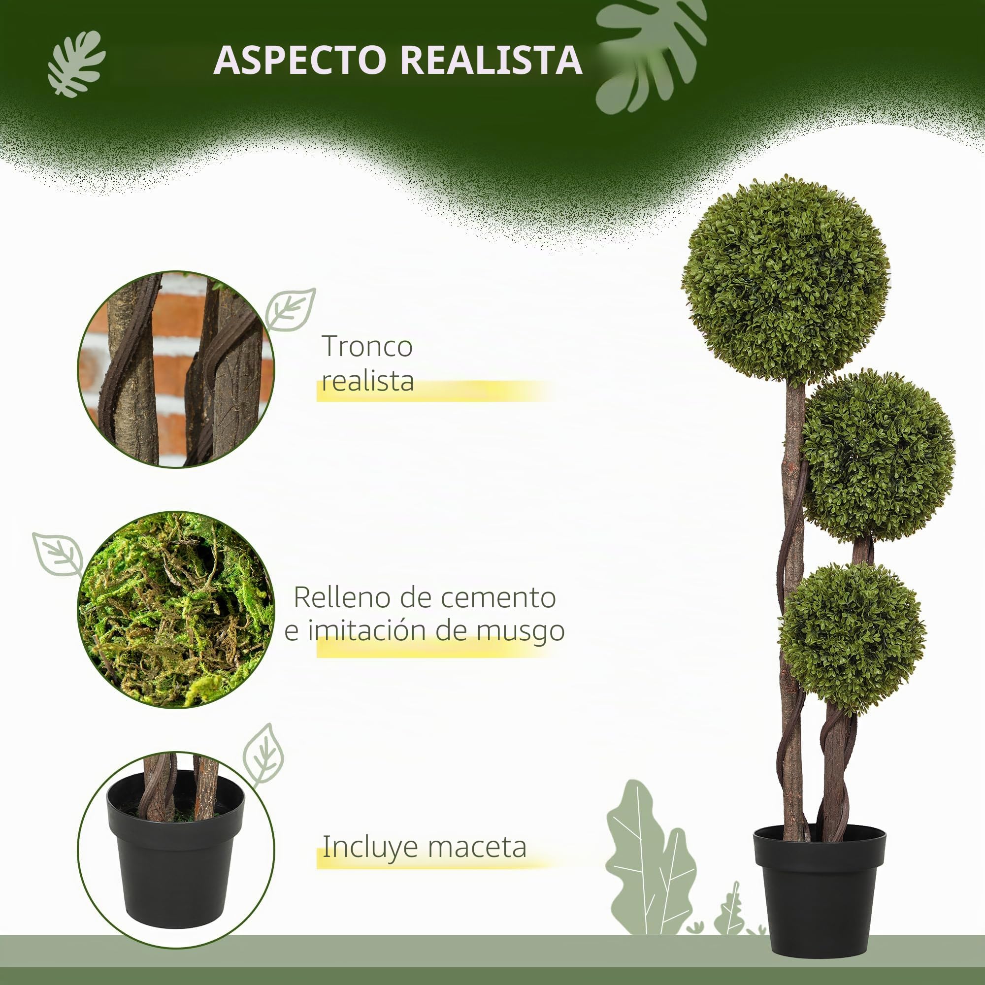 HOMCOM 1,16m Árbol topiario Artificial de boj en Maceta Verde Claro | Planta artificial, árbol de tres bolas, interior y exterior
