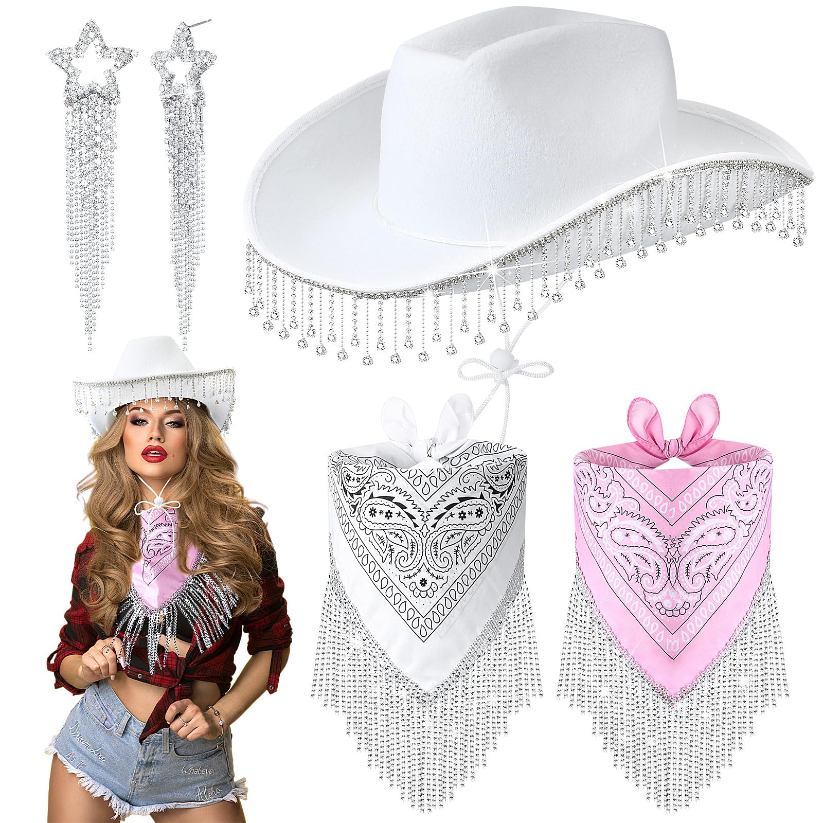 Xtinmee 5 Pcs Rhinestone Cowgirl Hat Bandana with Fringe Earrings 1 Cowboy Hat 2 Disco Fringe Tassel Bandanas and 2 Earrings