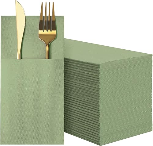 Servilletas desechables de papel Airlaid con bolsillo integrado para cubiertos, bodas, fiestas, Navidad (verde salvia, 300 piezas)
