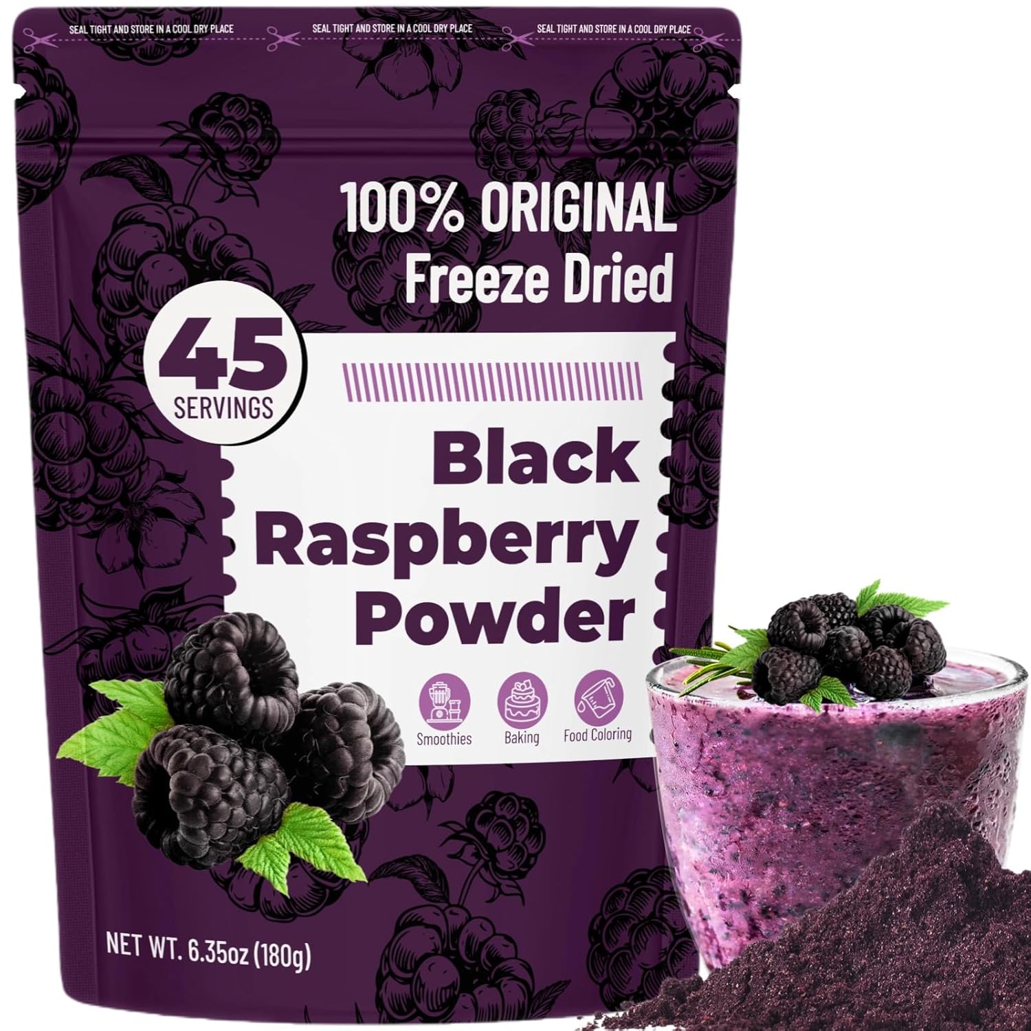 Black Raspberry Powder 6.35oz - 100% Natural Premium Freeze-Dried Blackberries | Antioxidant Superfood Powder for Smoothies, Baking & Daily Wellness | Non-GMO, Vegan (45 Servings)