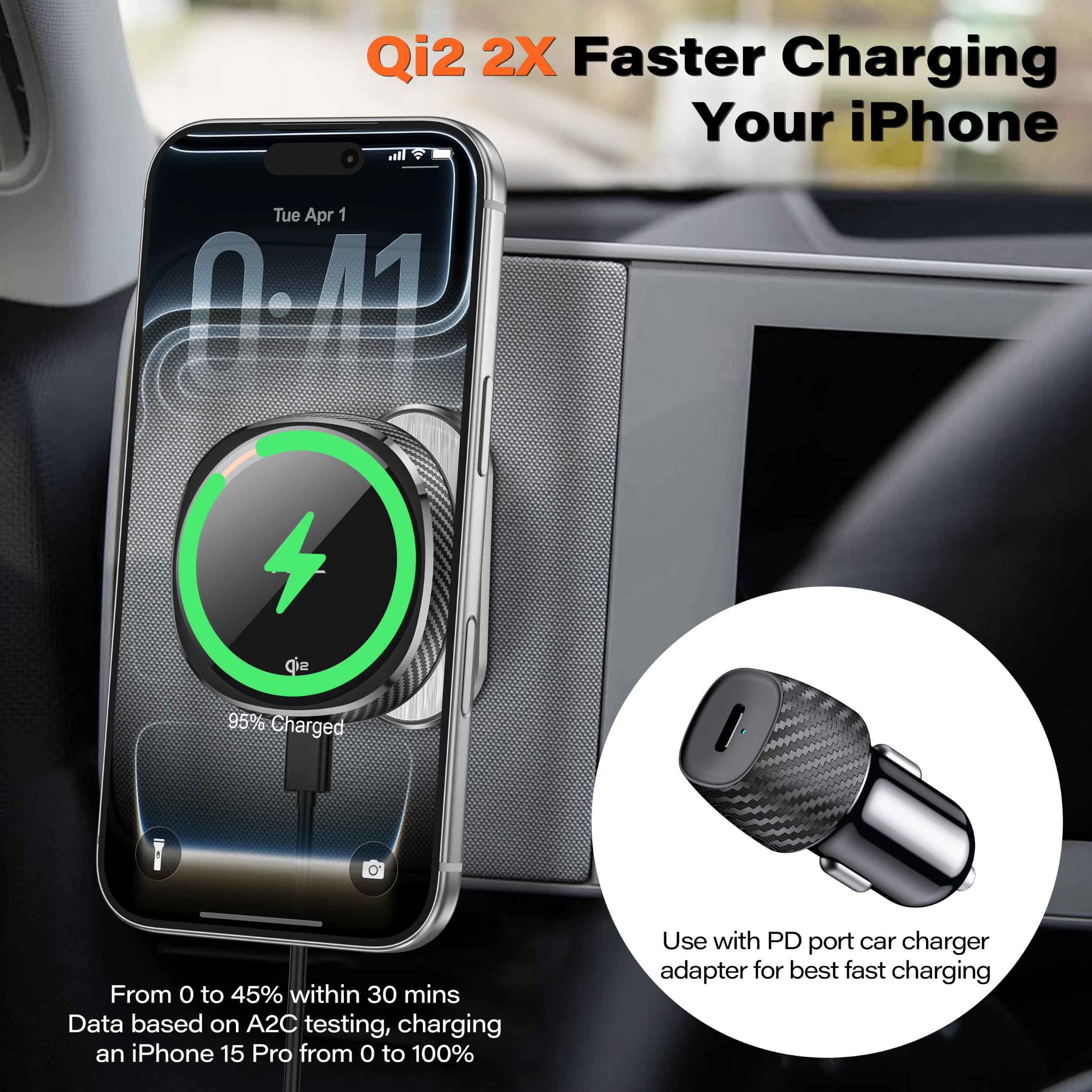 A2C Qi2 Chargeur de voiture sans fil à charge rapide 15 W pour support de téléphone Ioniq 5