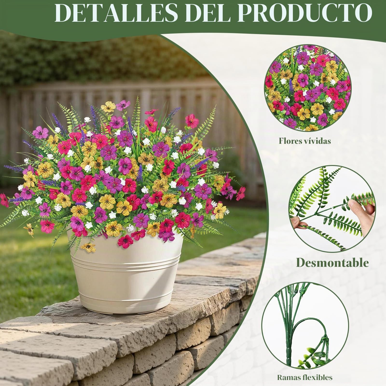 Betylifoy 12 paquetes de flores artificiales para exterior, flores artificiales como plantas de balcón reales, resistentes a la intemperie, resistentes a los rayos UV, flores artificiales, primavera