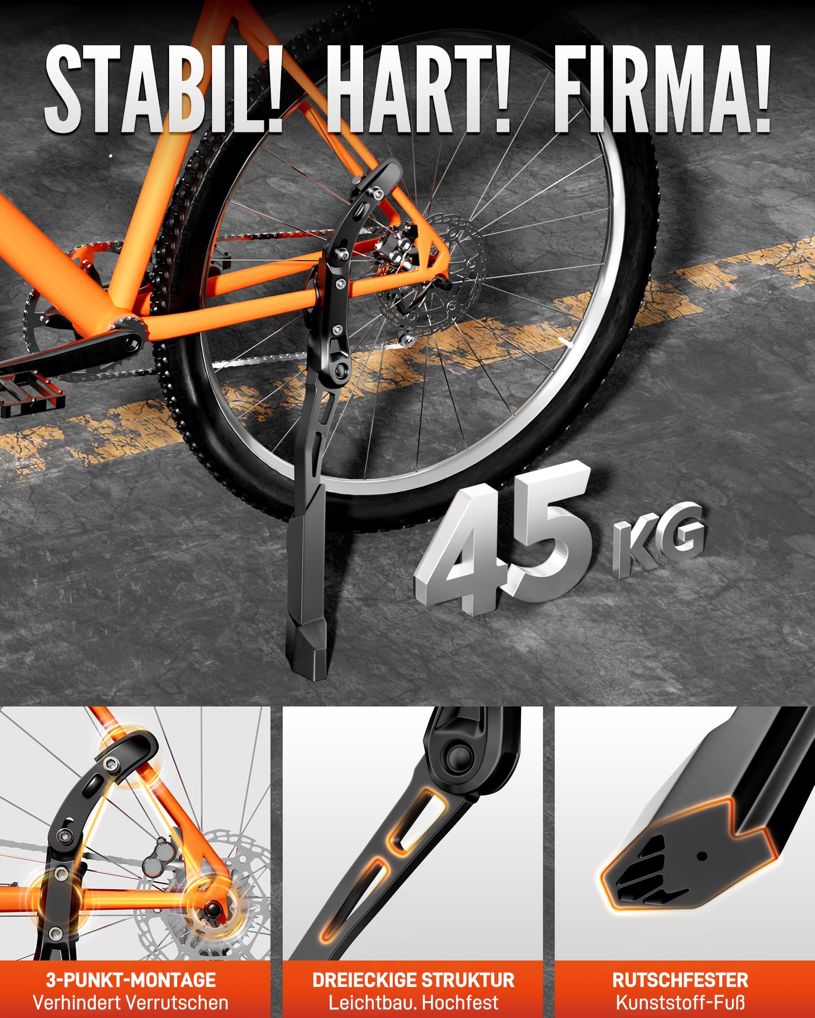 HENMI Fahrradständer 24-29 Zoll Pro+ für Runde Rahmen, Höhenverstellbarer Fahrrad ständer aus Aluminium, Extra Stabil Seitenständer für Mountainbike e Bike Rennrad City Trekking
