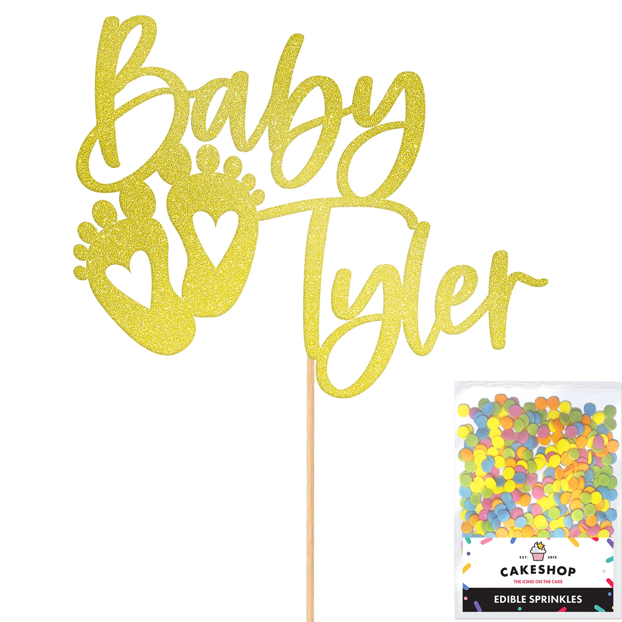 Cakeshop Personalised Baby Glitter Cake Topper With Sprinkles - Champagne Custom Colour - Any Name - Double-Sided Glitter Card Cake Decoration - Custom Toppers for Cakes