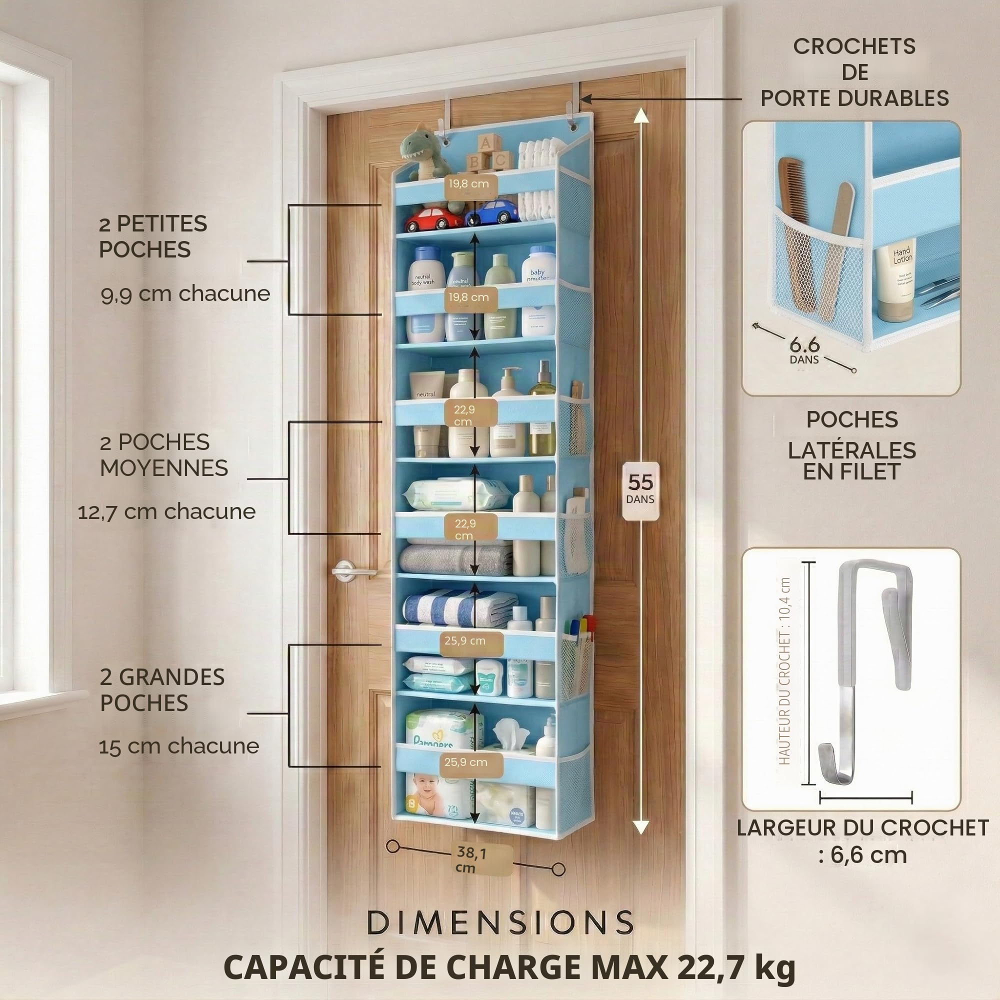 HOMELUX THEORY 1 organiseur de porte robuste à suspendre au-dessus de la porte, 140 x 35,6 x 17 cm, 6 grandes poches avant et 12 poches latérales, organiseur de porte de placard pour chambre à