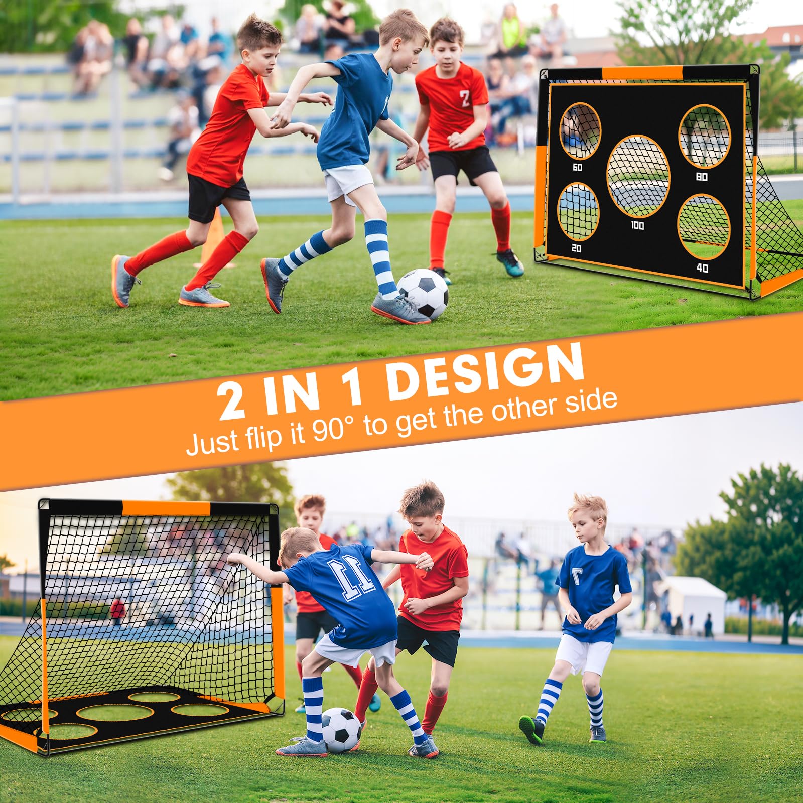 But de Foot 2 en 1 pour Jardin, Cage de Football avec Cible de Tir, Filet Pliable Outdoor, But pour Enfants avec 4 Piquets et Sac de Transport