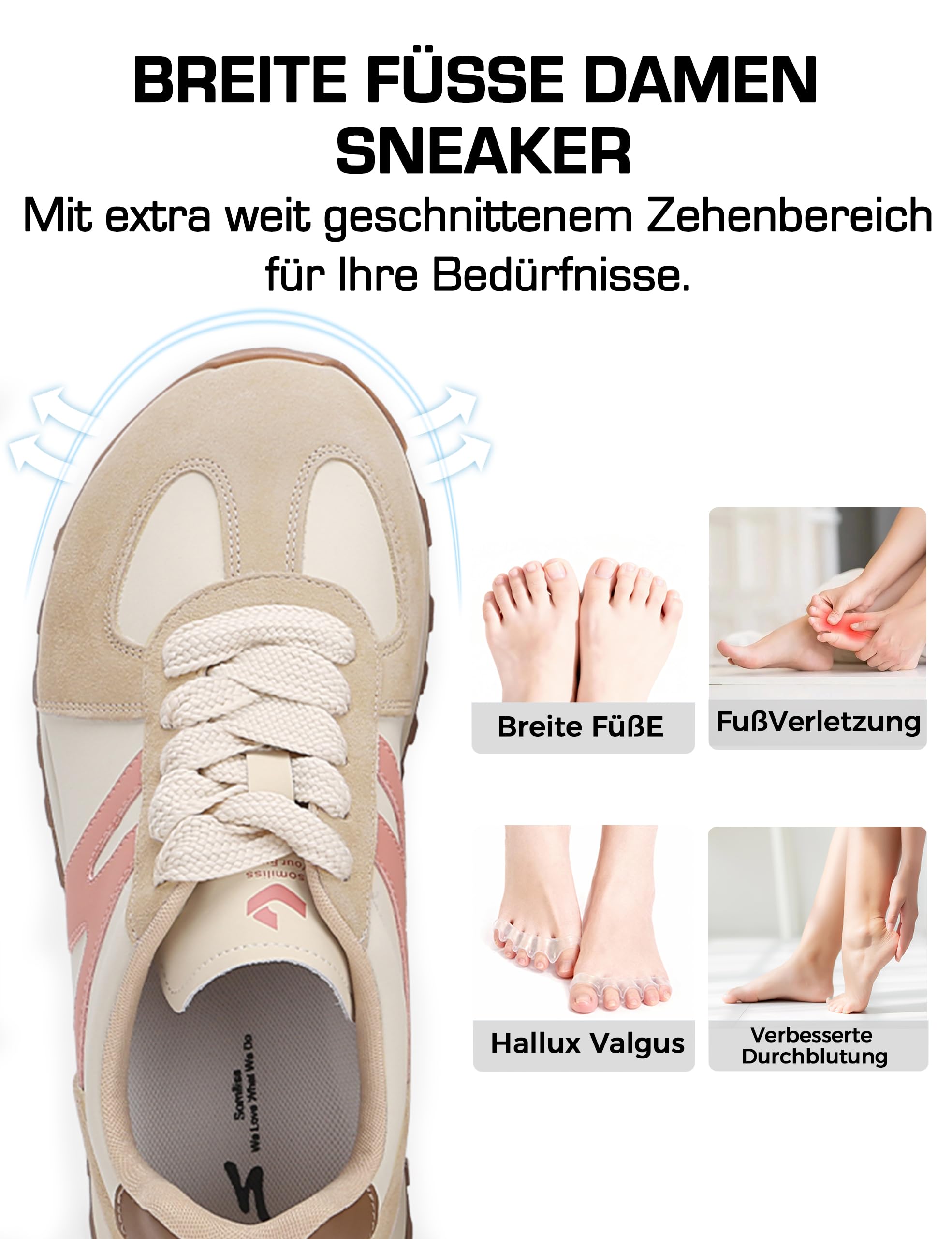 somiliss Breite Damen Sneaker, rutschfest, Herausnehmbare Einlegesohle | Atmungsaktives Obermaterial, breite Passform, herausnehmbare Einlegesohle mit Fußgewölbestütze, rutschfest für Alltag