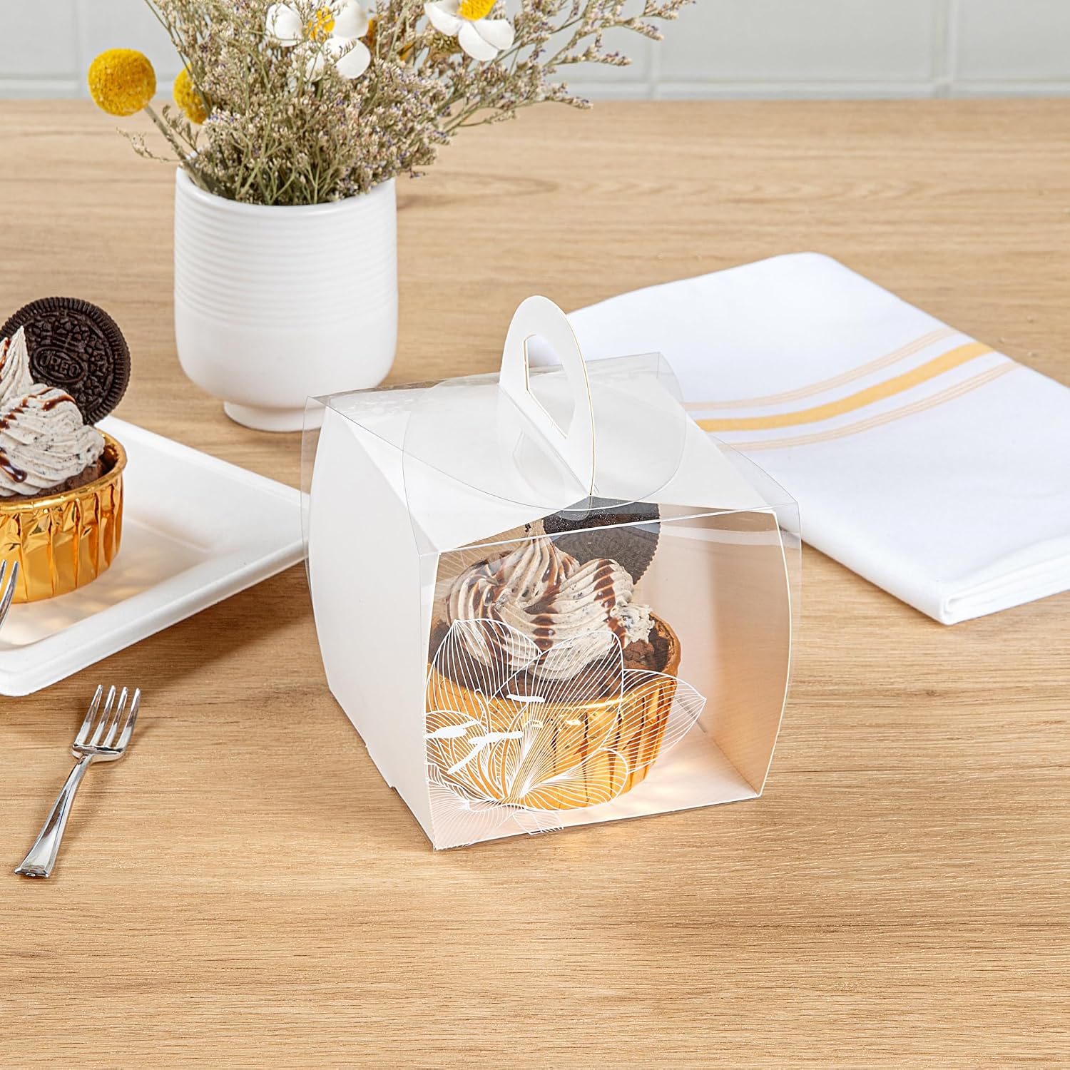 Restaurantware-4 Inch x 4.25 Inch Individual Cupcake Boxes, 100 Disposable Cupcake Display Boxes - With Handle, Lotus Accent, Clear Plastic Single Cupcake Containers, For Weddings Or Birthdays