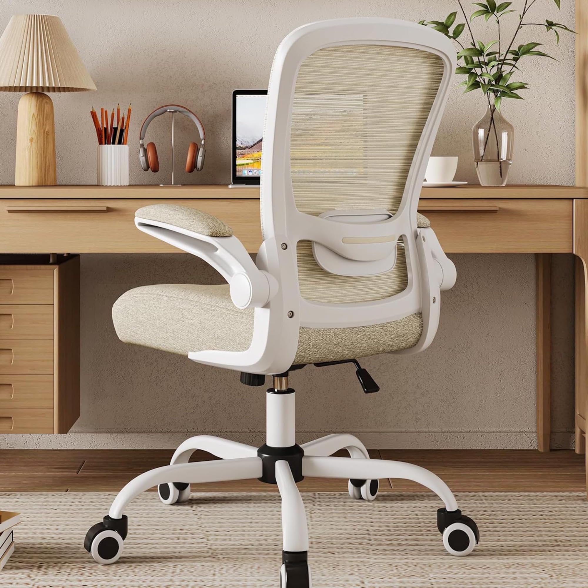 Mimoglad Home Office Chair, High Back Desk Chair, Ergonomic Mesh Computer Chair with Adjustable Lumbar Support and Thickened Seat Cushion (Modern, Beige) image 5