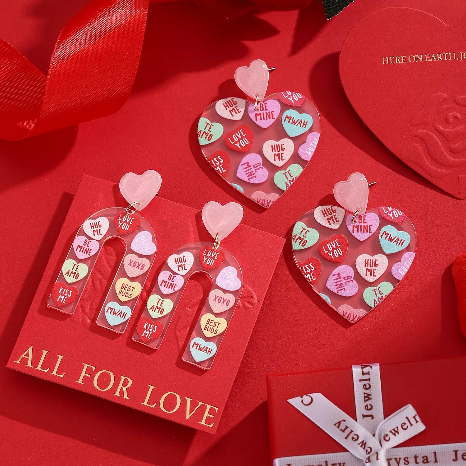 2 Pairs Valentines Galentines Dangle Post Earrings for Women, Hypoallergenic Acrylic Conversation Heart Drop Earrings Set, Candy Hearts & U Shape Earrings, Sweetheart Cute Everyday Jewelry - Image 5