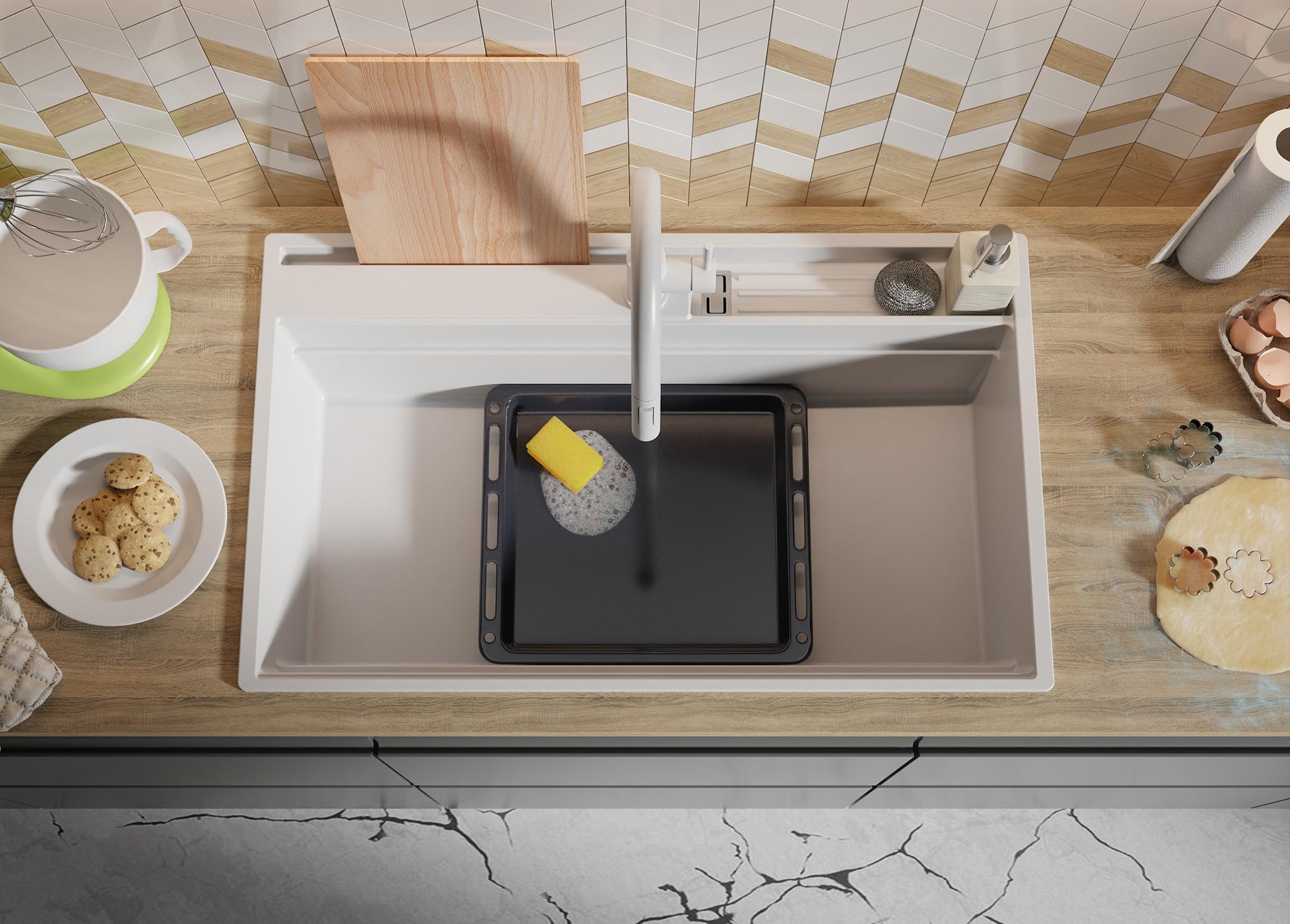 PRIMAGRAN Lavello da Cucina Bianco 88x53cm, Lavandino in Granito a 1 vasca + Sifone Classico, Lavabo da Cucina Incasso al Mobile 90cm - Oslo 90 Pocket S456