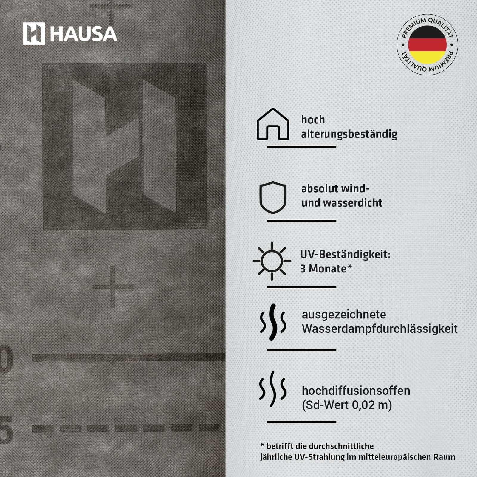 HAUSA Ultra HU130 Bande de sous-toiture flexible triple couche ouverte à la diffusion 130g/m² 7x 1,5mx50m (525m2) indéchirable et résistant aux intempéries sans bandes auto-adhésives gris