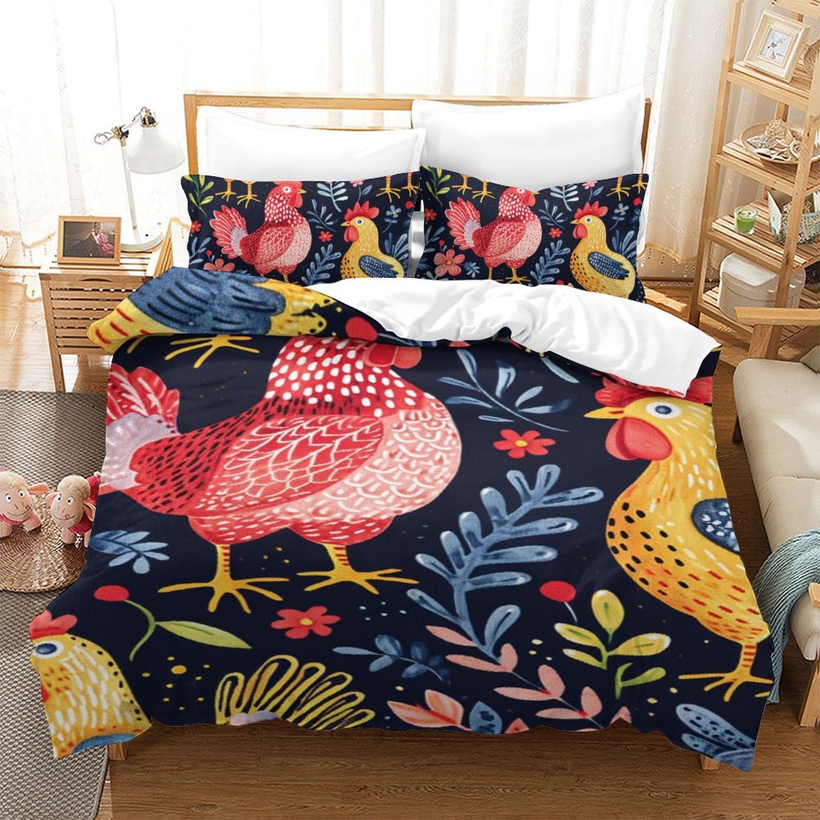 Linge de lit zippé 140x200 cm motif coq pour lit simple garçon facile à changer