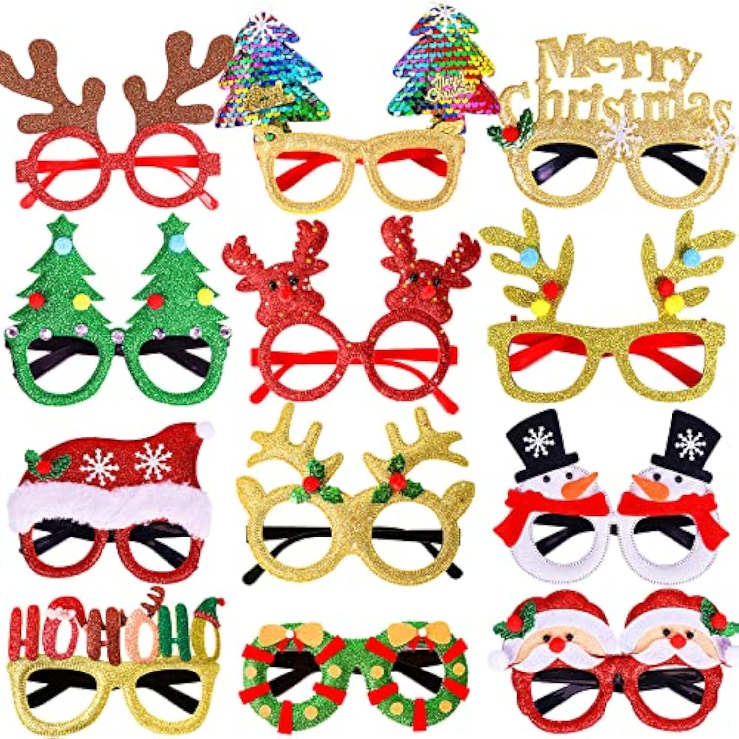 12 Pieces Christmas Eyeglasses Glitter Holiday Party Eyeglasses Frames Christmas Decoration Accessories Christmas Party Holiday Gifts Costume Eyeglasses (Even Size Fits All)