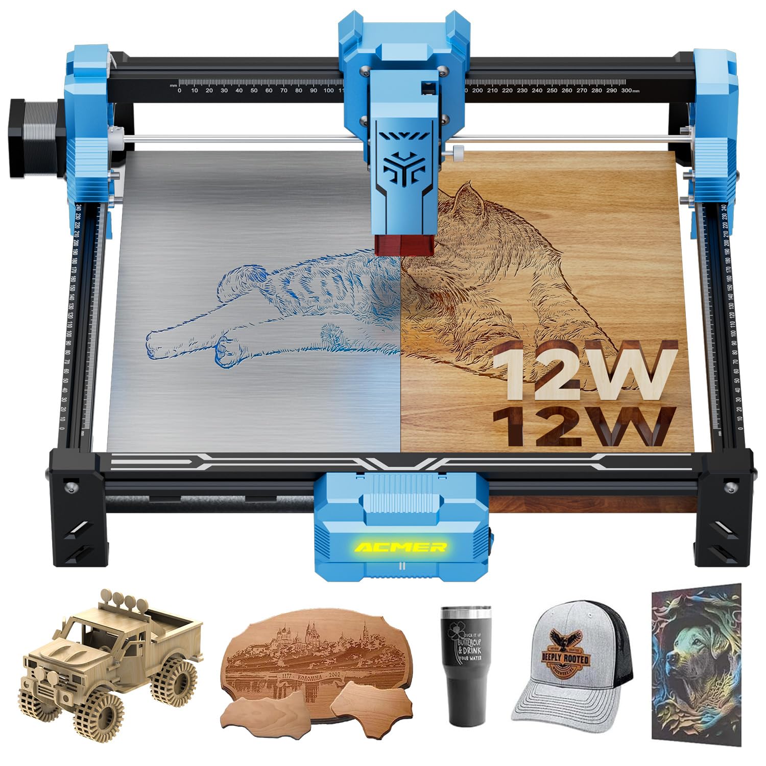 ACMER S2 Laser Engraving Machine, 12,000 mW, Class 1, High Precision, Mini Engraving Machine, Compatible with LightBurn, For Laser Processing of Wood, Leather, Acrylic, Tumblers, DIY Work Area: 11.8 x