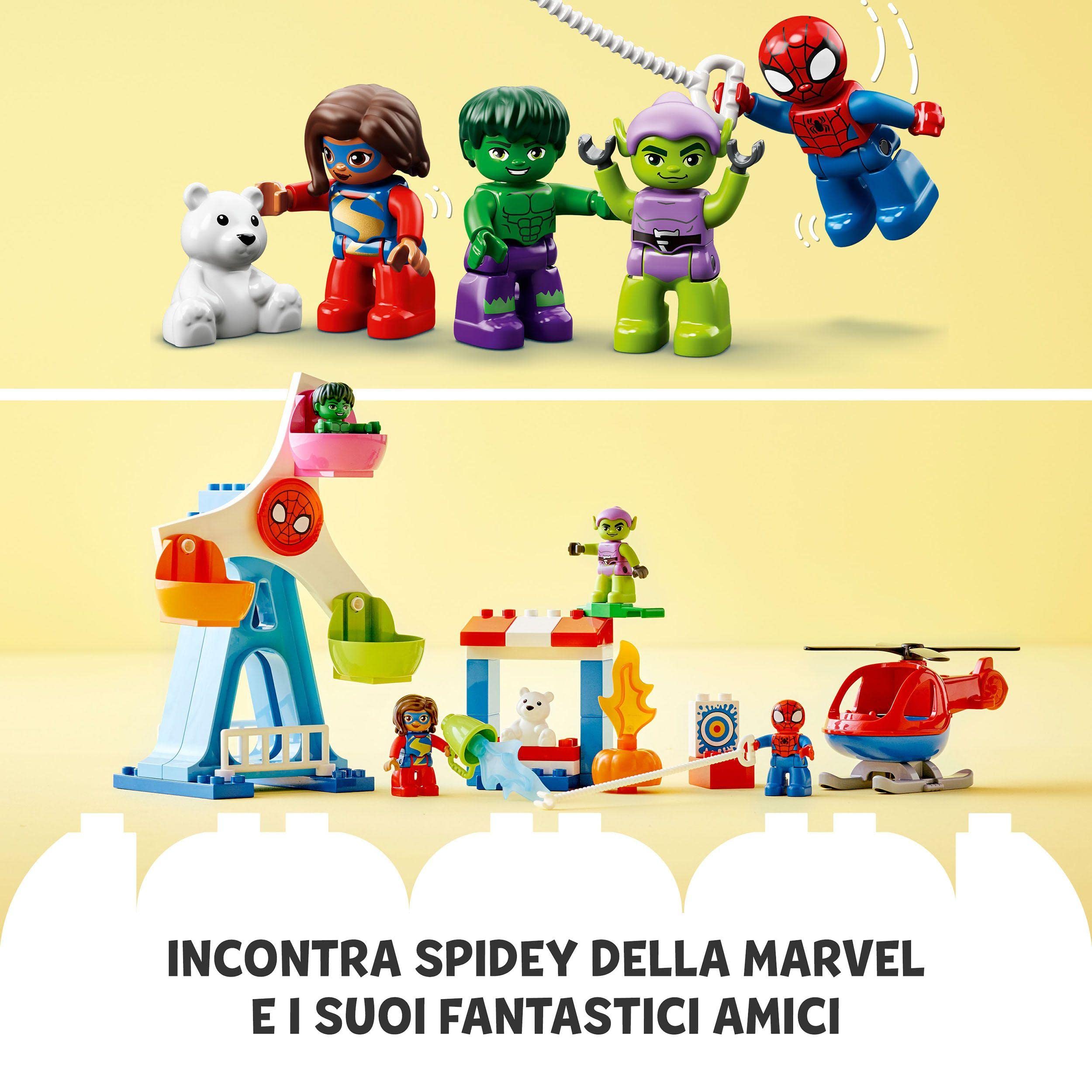 LEGO DUPLO Spider-Man e i suoi Amici: Avventura al Luna Park, con Elicottero Giocattolo, Green Goblin e Hulk, Giochi per Bambini dai 2 Anni 10963