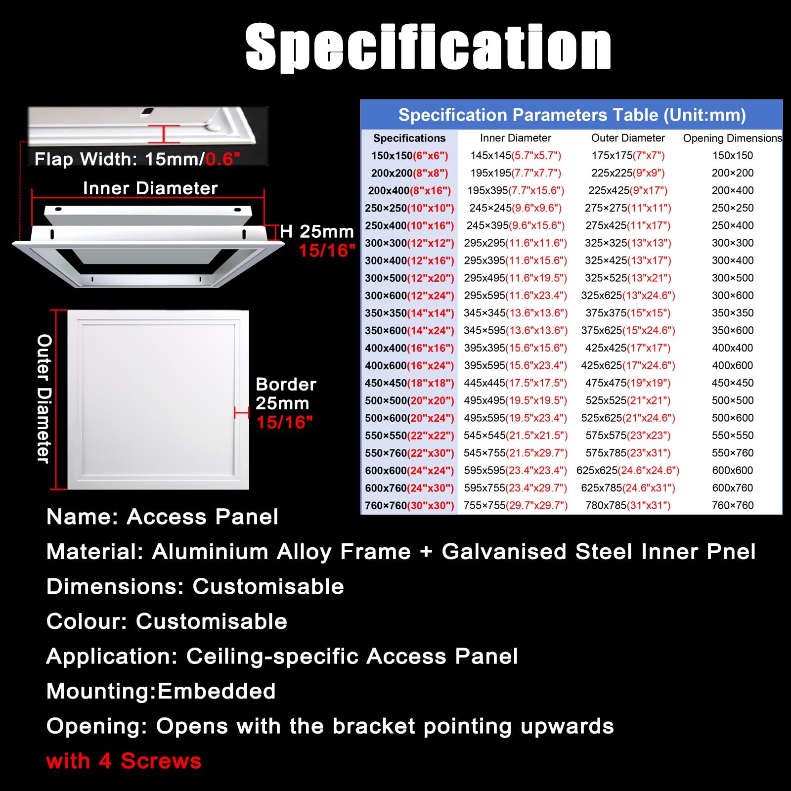 Revisionsklappe Schwarz-weiß-graue Metall-Revisionstür, Klassische Deckenzugangsplatte mit Schrauben, anpassbare, einfach zu installierende Zugangstür(Black,16x24in/400x600mm)