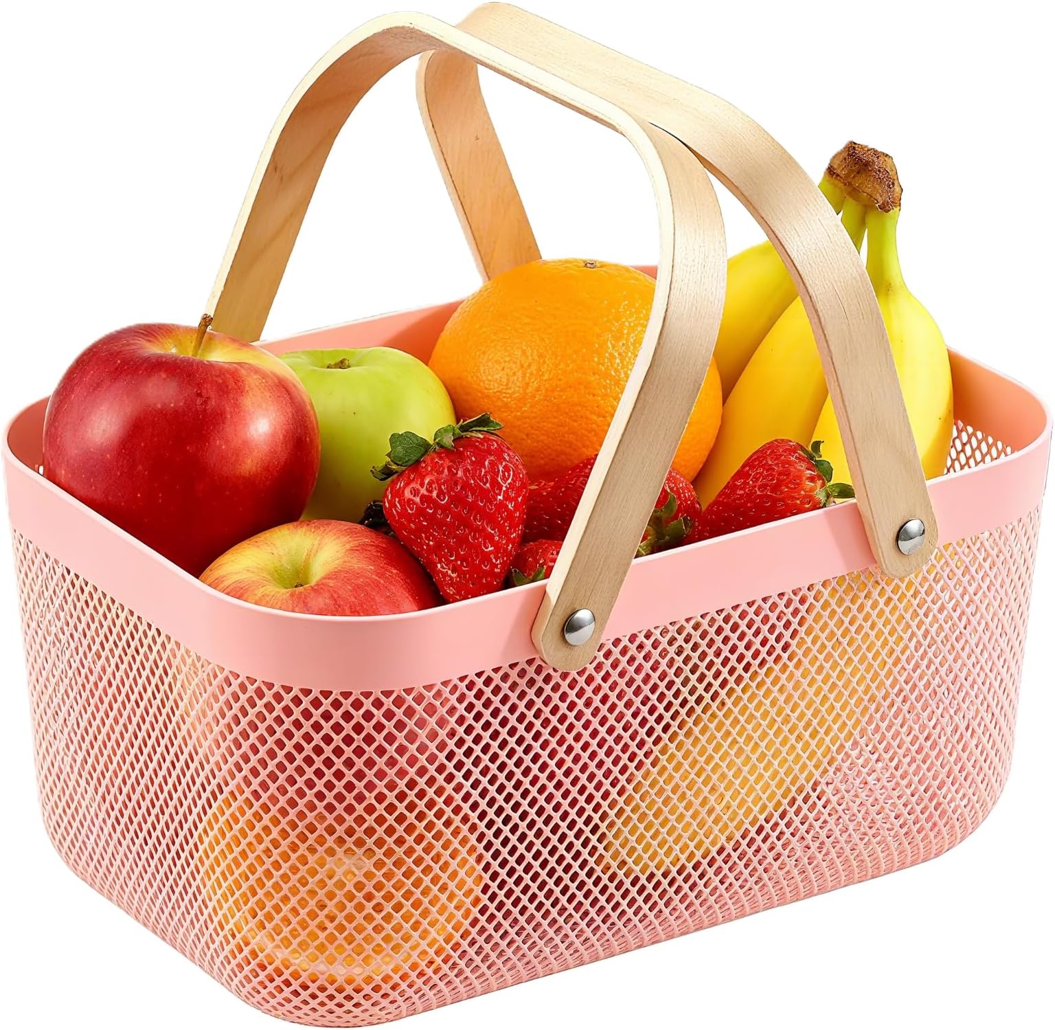 Mesh Fruit Baskets with Wooden Handle，Multi-functional Kitchen Storage Organizer Basket for Garden Bathroom Picnic Shopping（Pink）