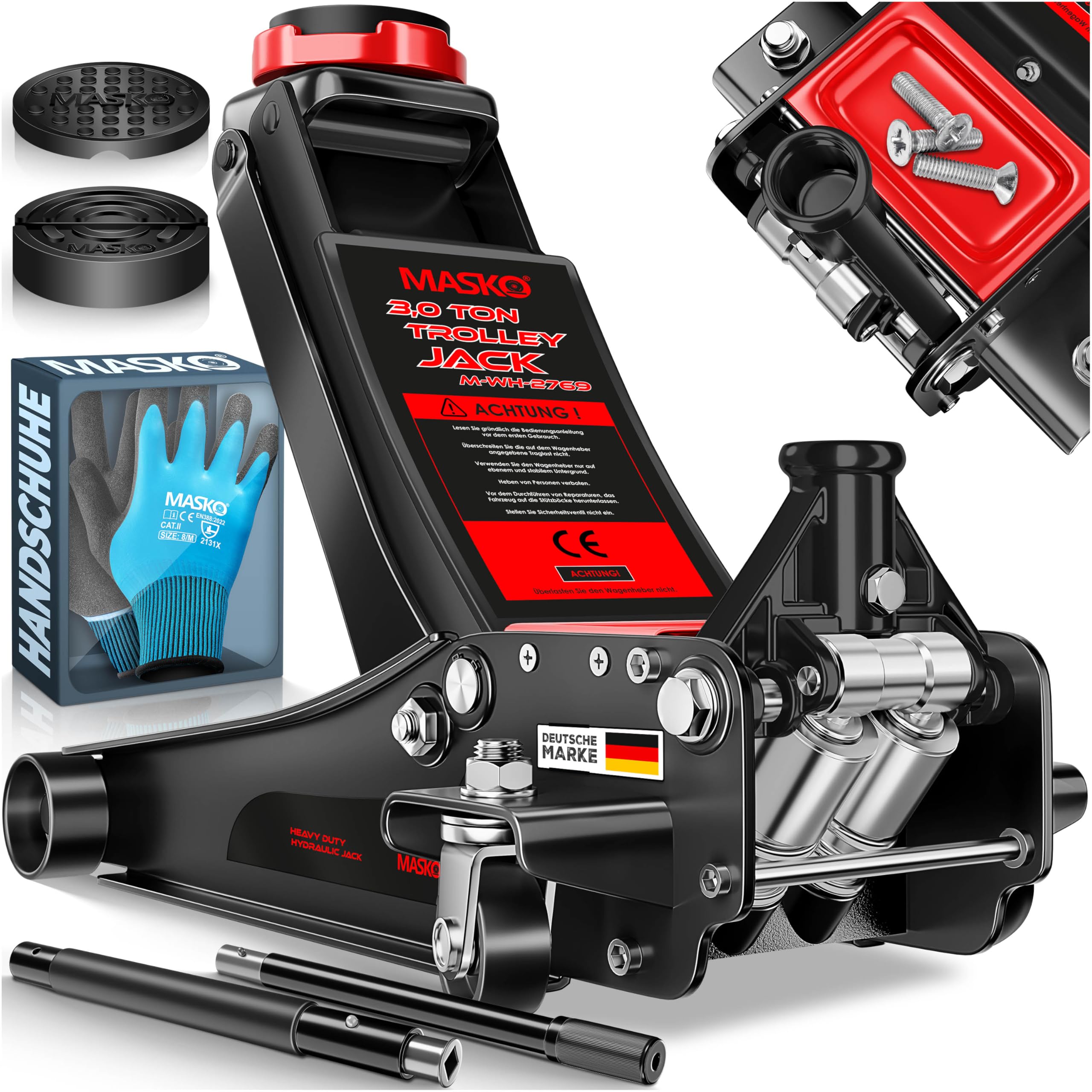 MASKO® Wagenheber hydraulisch 3T Flache Hubhöhe 85-485mm 3X Gummiauflage KFZ Rangierwagenheber SUV, 360° Rollen, inkl. Koffer + Handschuhe Rollen Heber Unterstellbock für tiefergelegt bis hoch