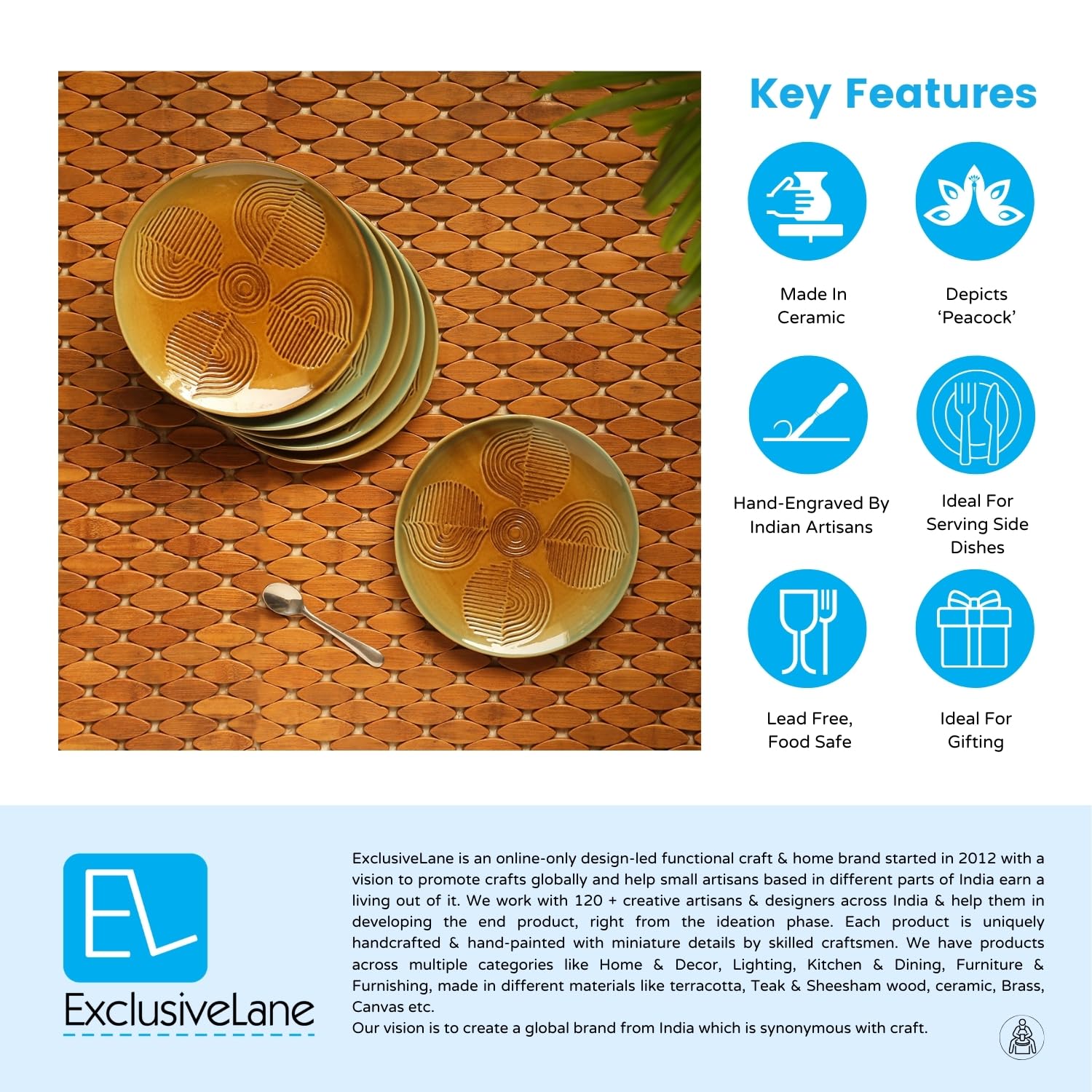 ExclusiveLane 'Peacock Boulevard' Hand-Engraved Small Ceramic Plates Ceramic Quarter Plates Side Plates (Set of 6, Dishwasher & Microwave Safe) - Ceramic Plate Snacks Plates Pasta Plates Dinnerware - Image 6 thumbnail