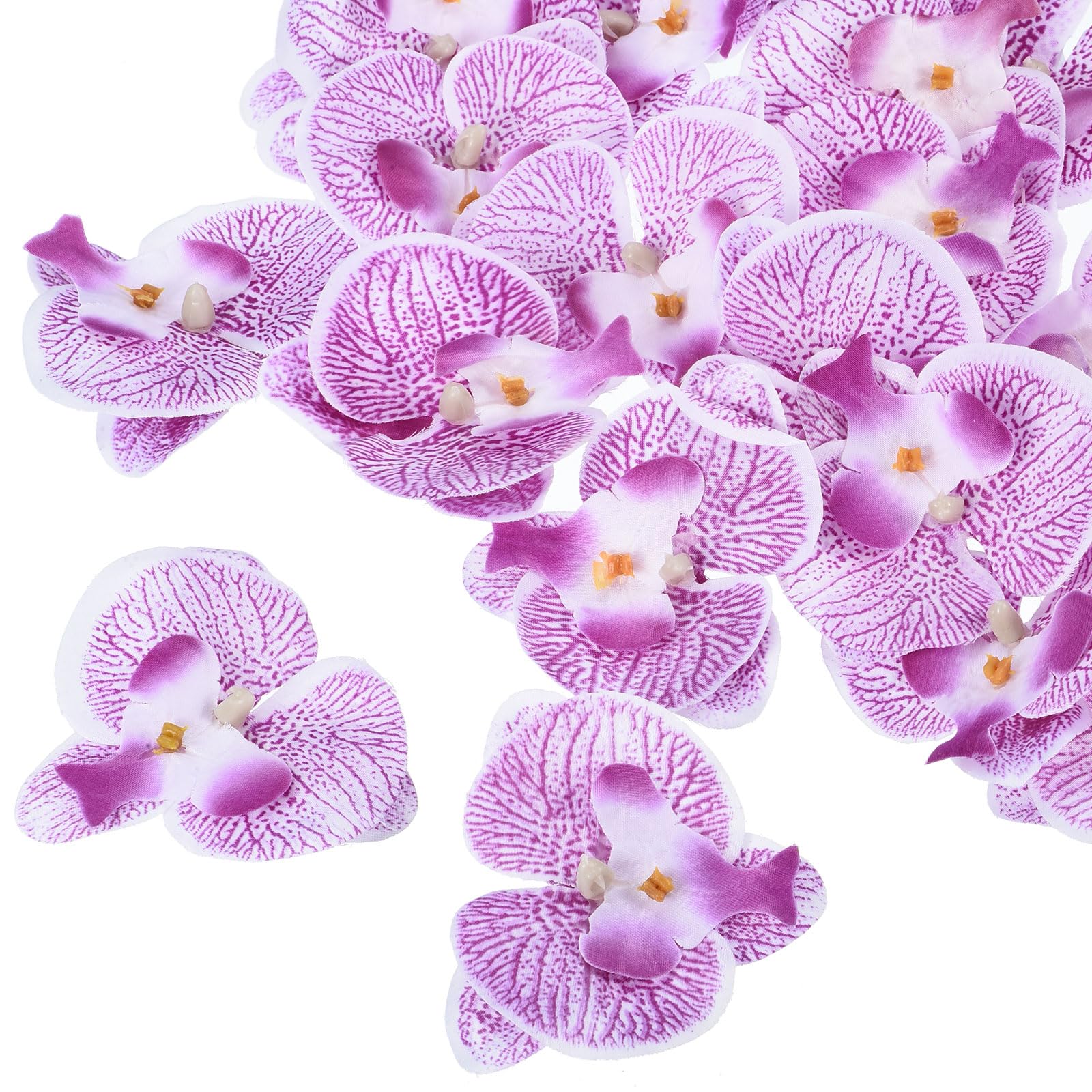 M METERXITY 20 Pack Artificial Silk Butterfly Orchid Flower Heads - for Event Decoration, Apply to Wedding/Party/Festival/DIY (2.8", Purple)