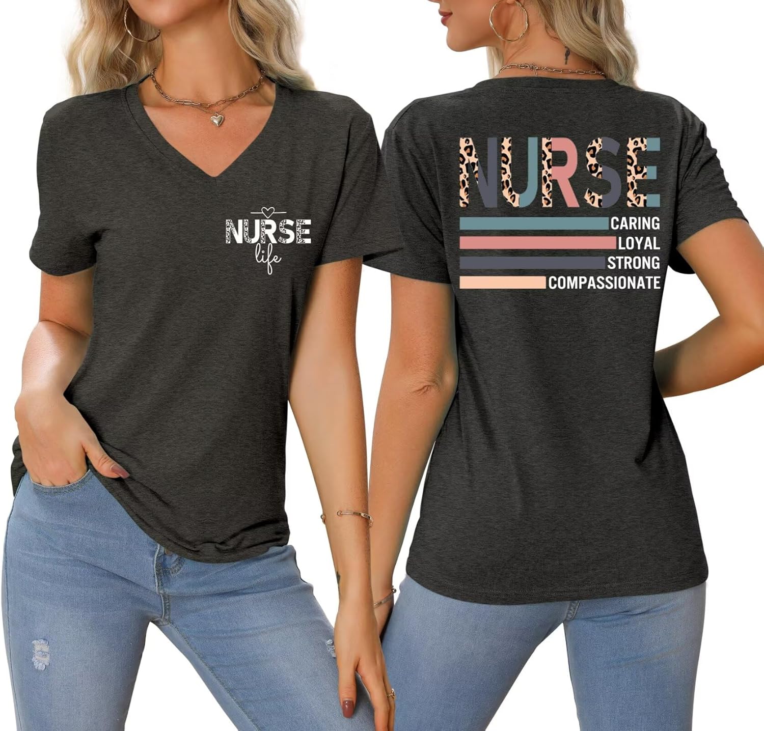 Nurse Life Shirt Womens V Neck Leopard Graphic Tees Caring Loyal Strong Inspirational T-Shirt School Nursing Tshirt - Image 2