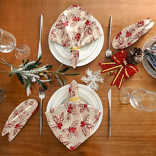 Miniatura 5 de Juego de 4 servilletas de tela, diseño de bayas de acebo, de poliéster, para decoración de bodas y Año Nuevo