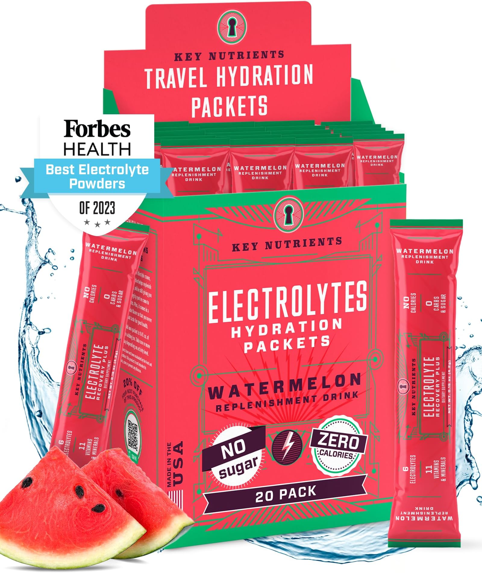 KEY NUTRIENTS Electrolyte Powder Packs - 20 Pack Hydration Packs with Cooling Watermelon Flavor - Hydration Powder for Travel - Sugar Free, Calorie Free, Gluten Free - Fab