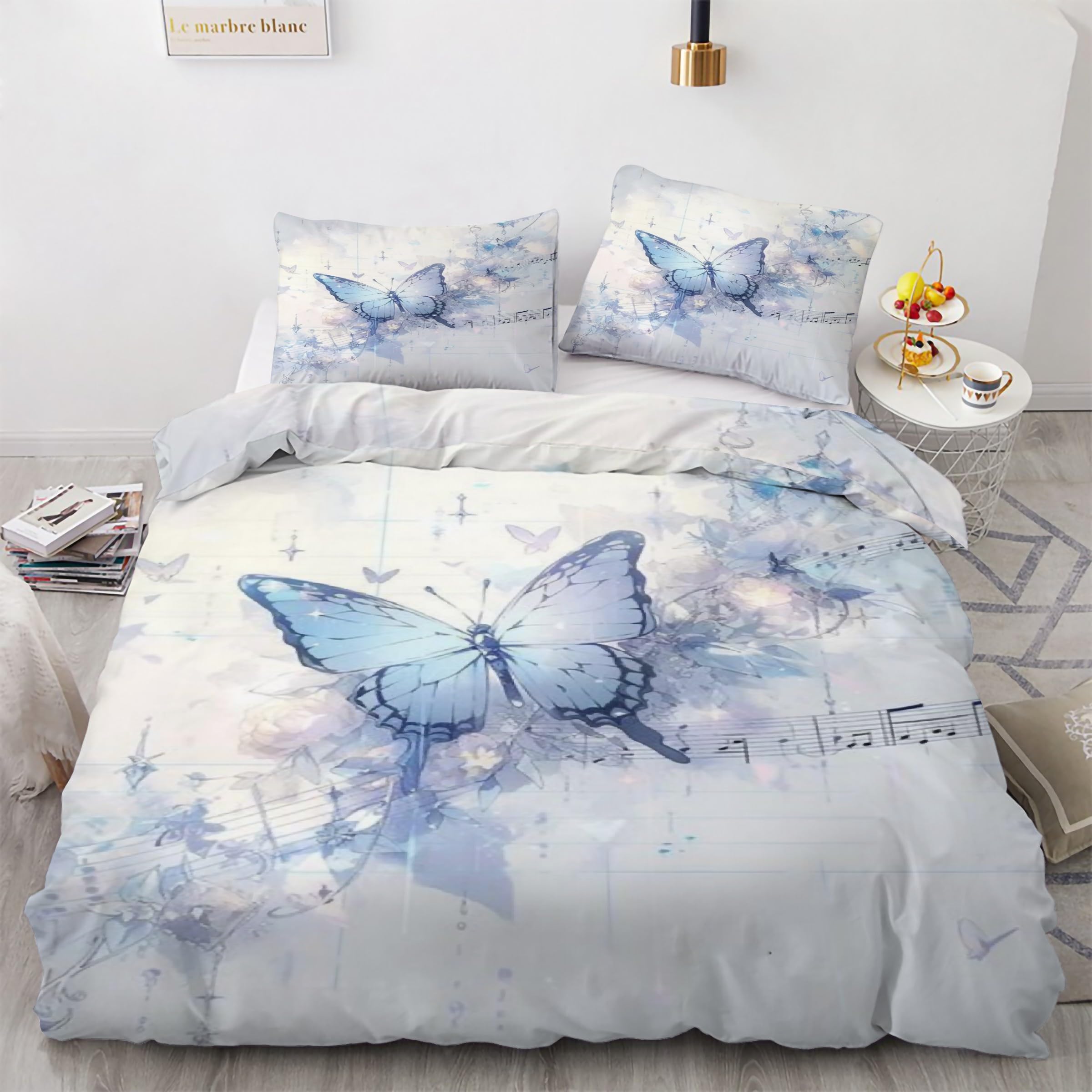 Housse de couette 200x200 papillons imprimé parure de lit microfibre 3 pièces