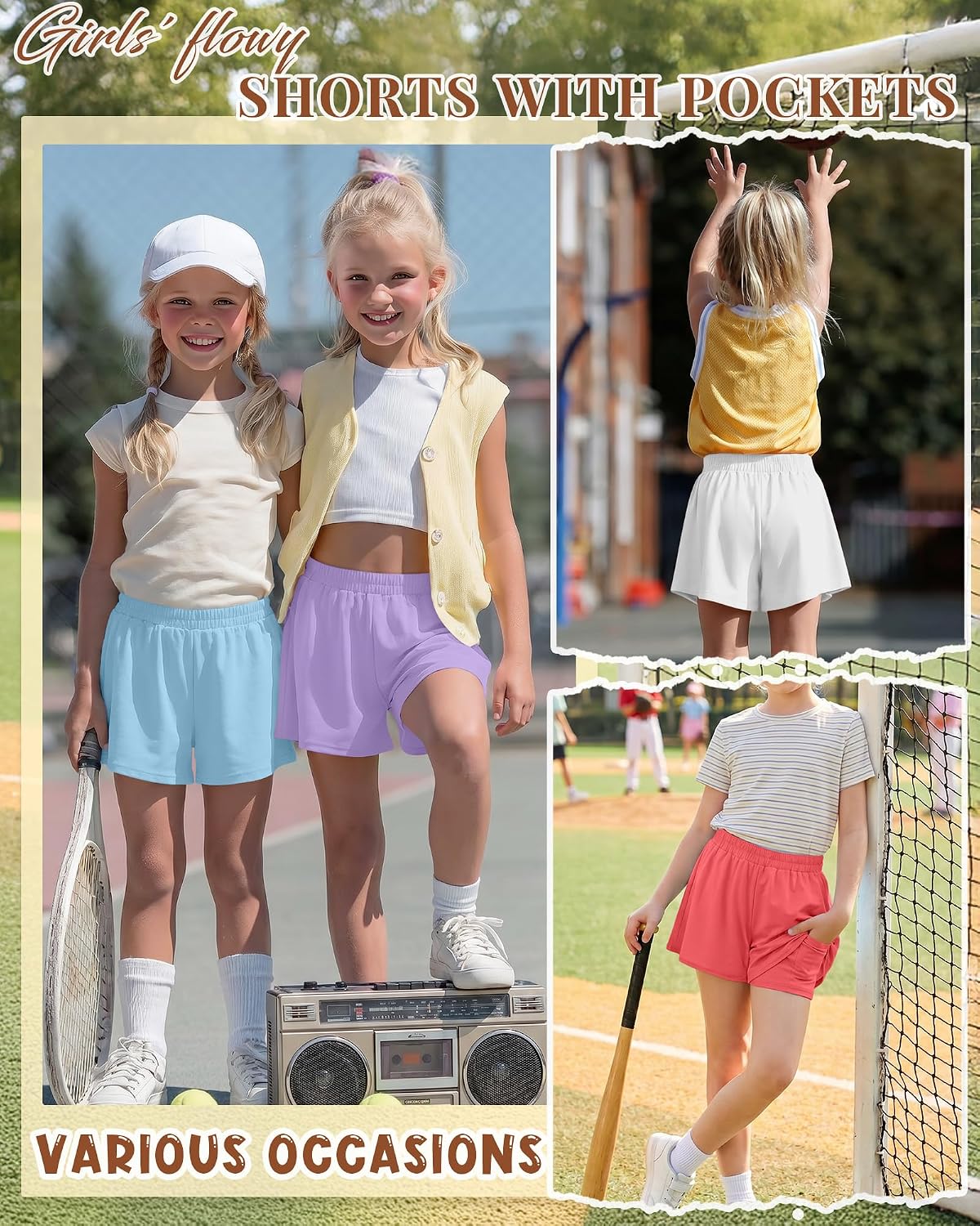 4 Pack Girls Butterfly Shorts 2 in 1 Athletic High Waist Shorts Elastic Flowy Running Kids Skorts with Pockets