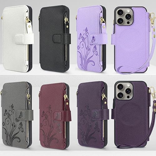 Miniatura 2 de Lacass Compatible con MagSafe Case Wallet para iPhone 15 Pro Max de 6.7 pulgadas, 3 tarjeteros con cremallera de piel, cierre magnético, correa de