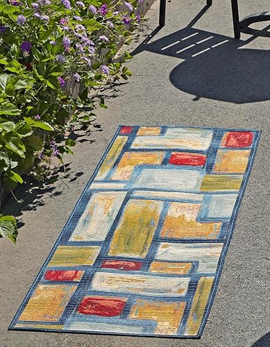 Miniatura 1 de Unique Loom Outdoor Modern Collection - Alfombra de área con cubos (2 pies 7 pulgadas x 7 pies 1 pulgada, multicolor  azul)