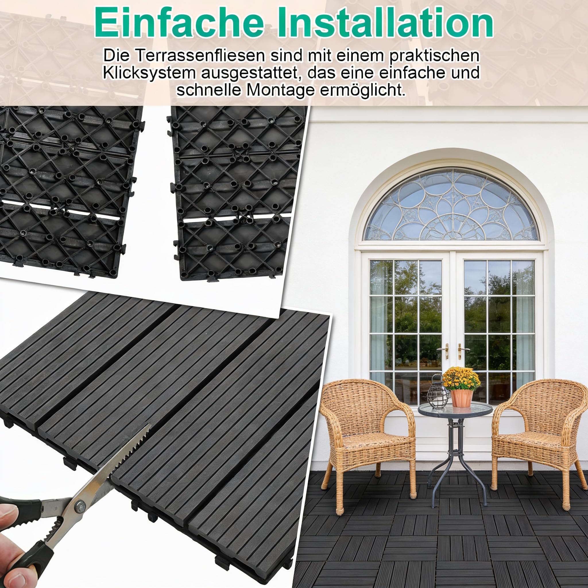 Dalles en bois composite 30x30 cm, 33 pièces de dalles à clipser pour balcon pour 3 m², dalles en bois composite pour terrasse avec système de clic, revêtement de sol pour balcon résistant aux