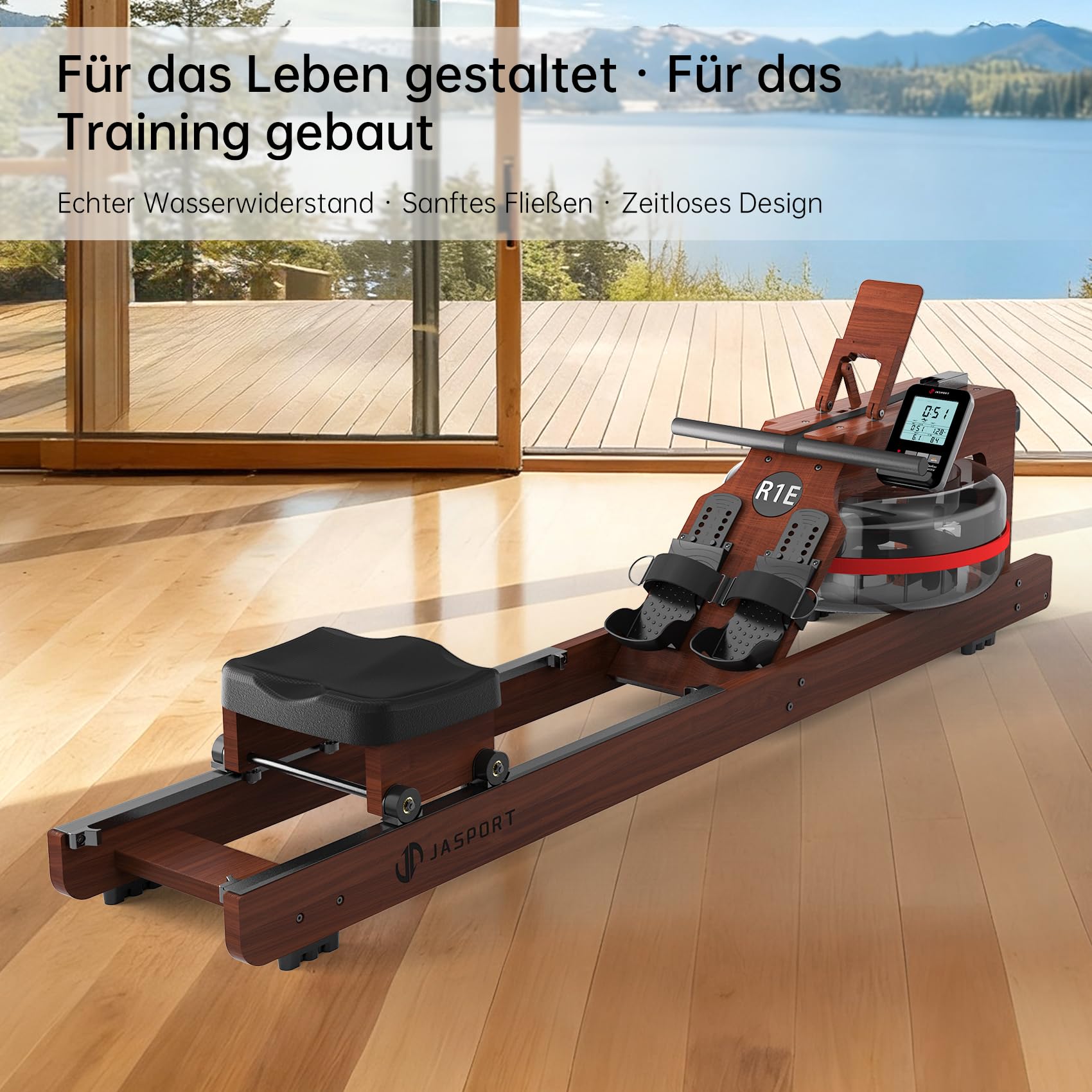 R1E vogatore ad acqua in rovere, serbatoio dell'acqua da 28 l, con paletta da 12 fogli, Bluetooth e display LCD, compatibile con Kinomap APP, supporto per tablet, cyclette silenziosa e