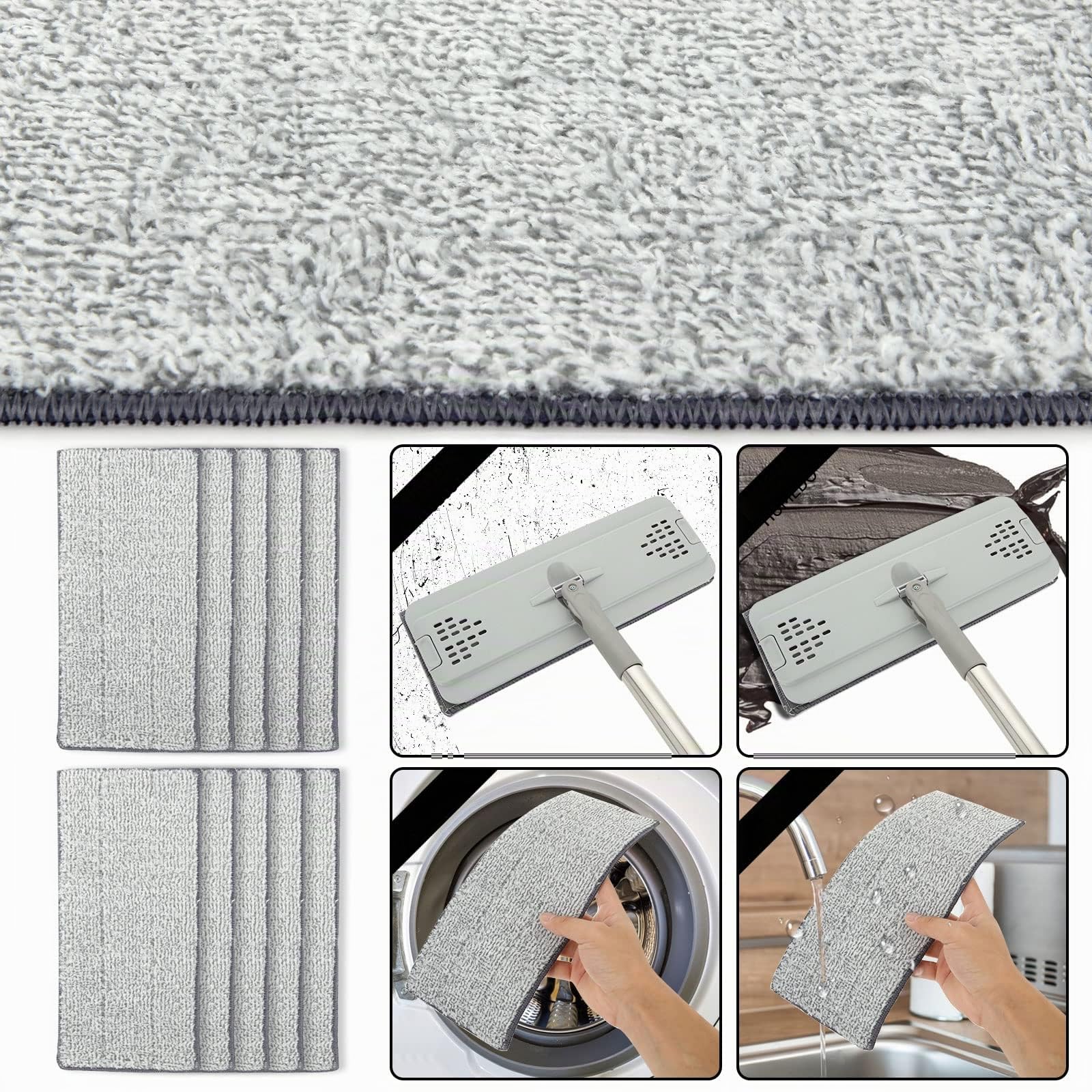 ASelected Juego de fregona Plana y Cubo, mopa Manos Libres con 10 Almohadillas de Microfibra Reutilizables y Mango de Acero Inoxidable de 123 cm de Largo, mopa de Microfibra para Azulejos, mármol,