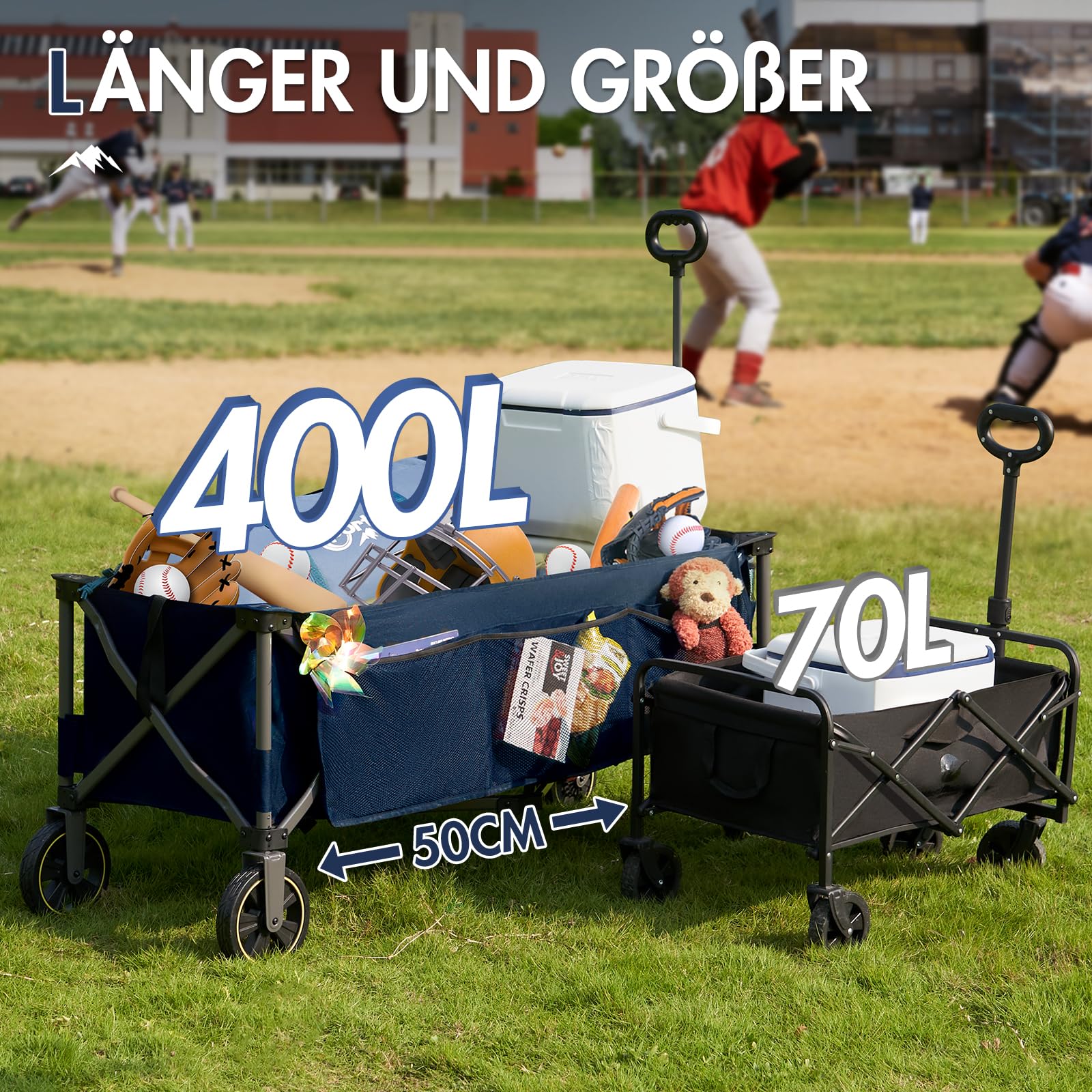 Portal Bollerwagen faltbar XXXL 400L 160kg belastbar Groß Handwagen mit Getränkehalter Seitentasche Transportwagen Leiterwagen klappbar Strandwagen Faltwagen für Garten Camping Festival Blau