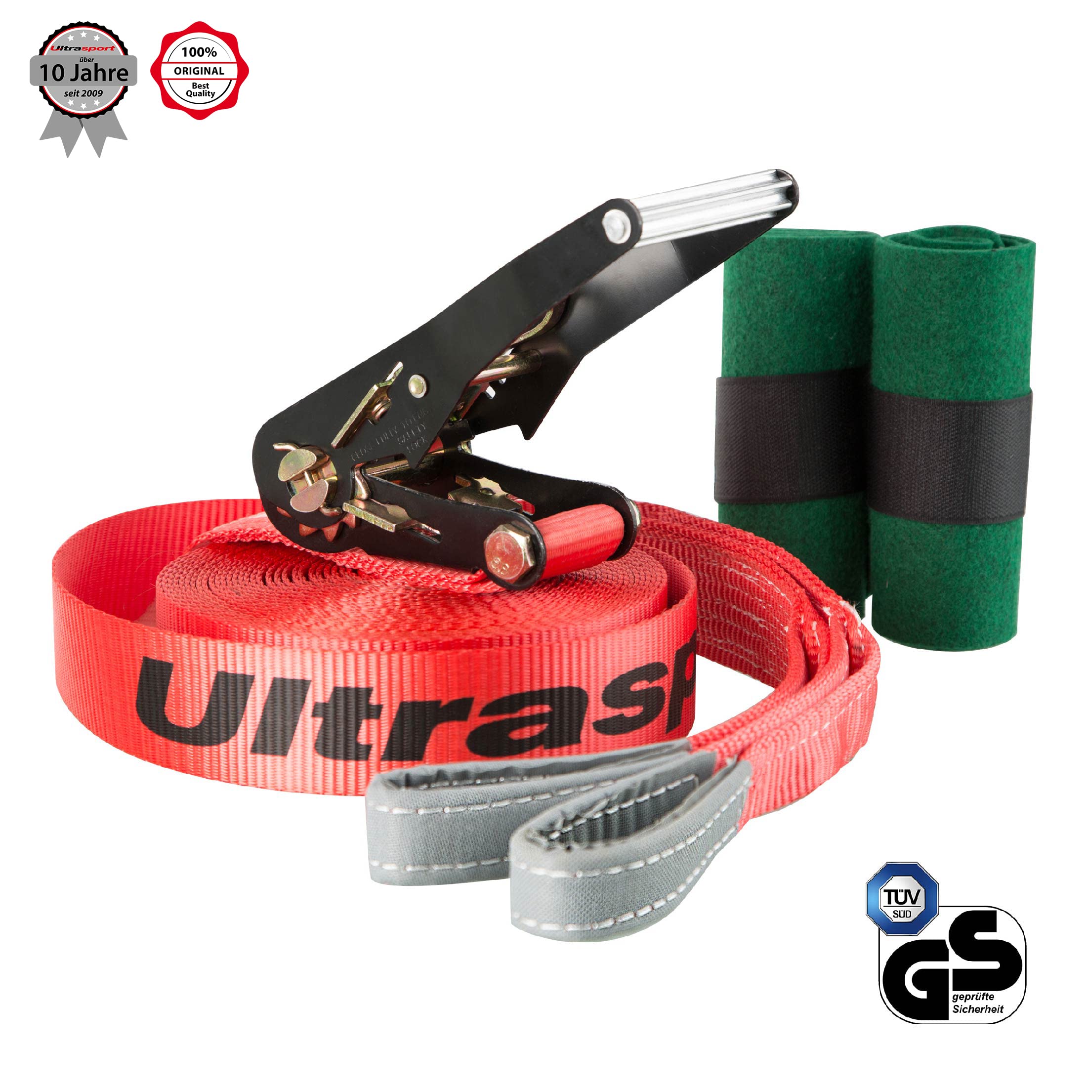 Ultrasport Slackline 15m-25m, mit Ratsche und Transporttasch, komplette Slackline-Satz, erhältlich mit und ohne Baumschutz, Slackline-Satz, Fitness-Slackline, TÜV GS zertifiziert, Kinder und Erwachse