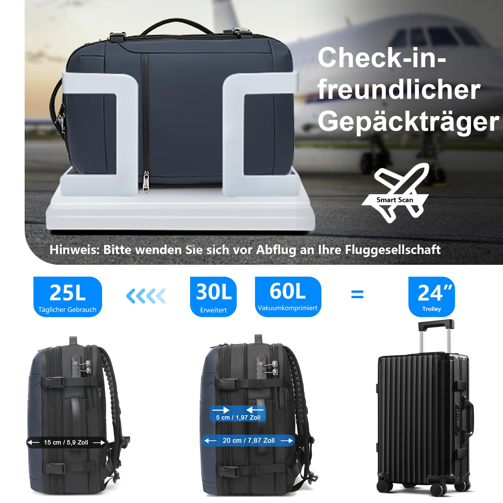 LOKASS Zaino sottovuoto, bagaglio a mano, zaino da viaggio, 60 l, espandibile, 17,3 pollici, zaino da viaggio, impermeabile, lucchetto TSA, bagaglio a mano, zaino con pompa a vuoto, Blu