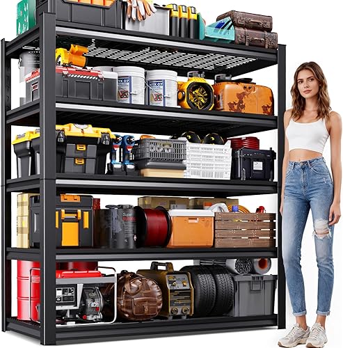 Miniatura 41 de Estantería de garaje de 71 pulgadas de alto, estantes de almacenamiento de 5 niveles, metal resistente, estante ajustable de acero para almacén,