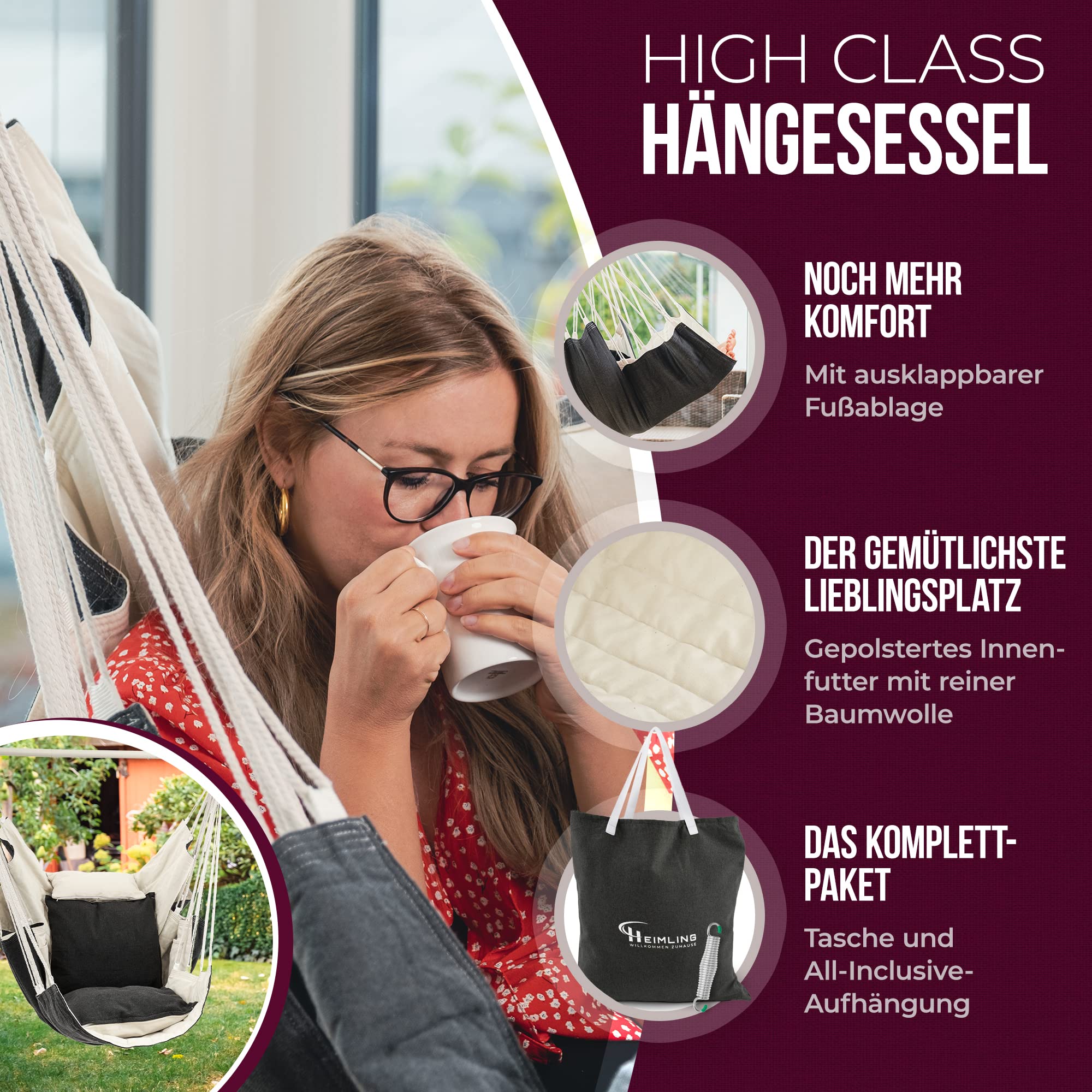 Heimling Fauteuil suspendu XXL haut de gamme pour intérieur et extérieur Paquet tout compris avec suspension + 3 coussins Salon, chambre à coucher