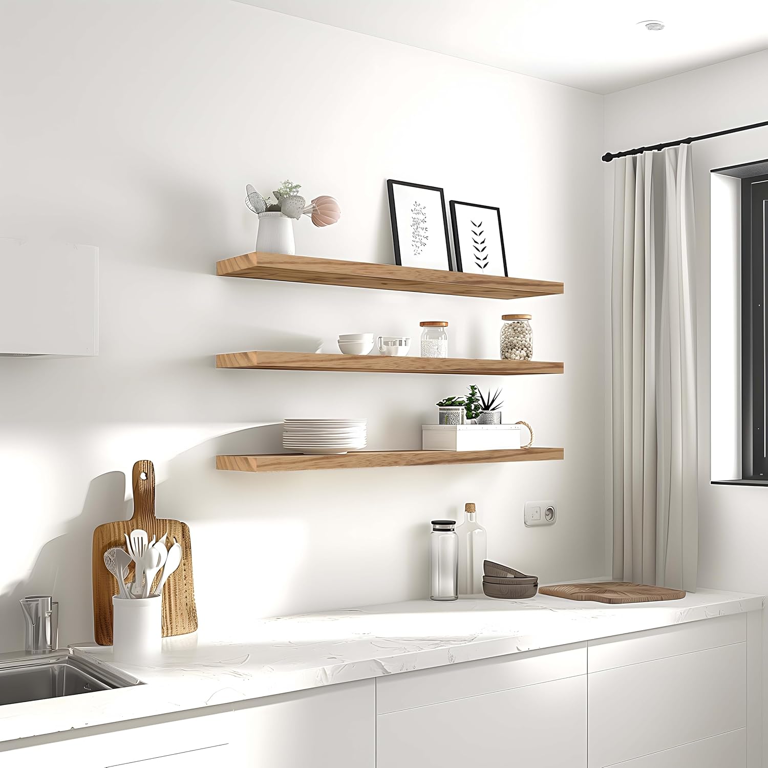 36 Inch Light Wood Floating Shelves for Wall Rustic Wall Shelf for Bedroom Living Room Set of 4