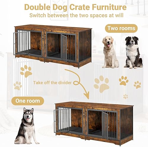 Vista 3 de Rovibek Mueble doble para perros de 75 pulgadas para 2 perros grandes, estilo muebles resistentes, estilo perrera, jaulas de madera para perros
