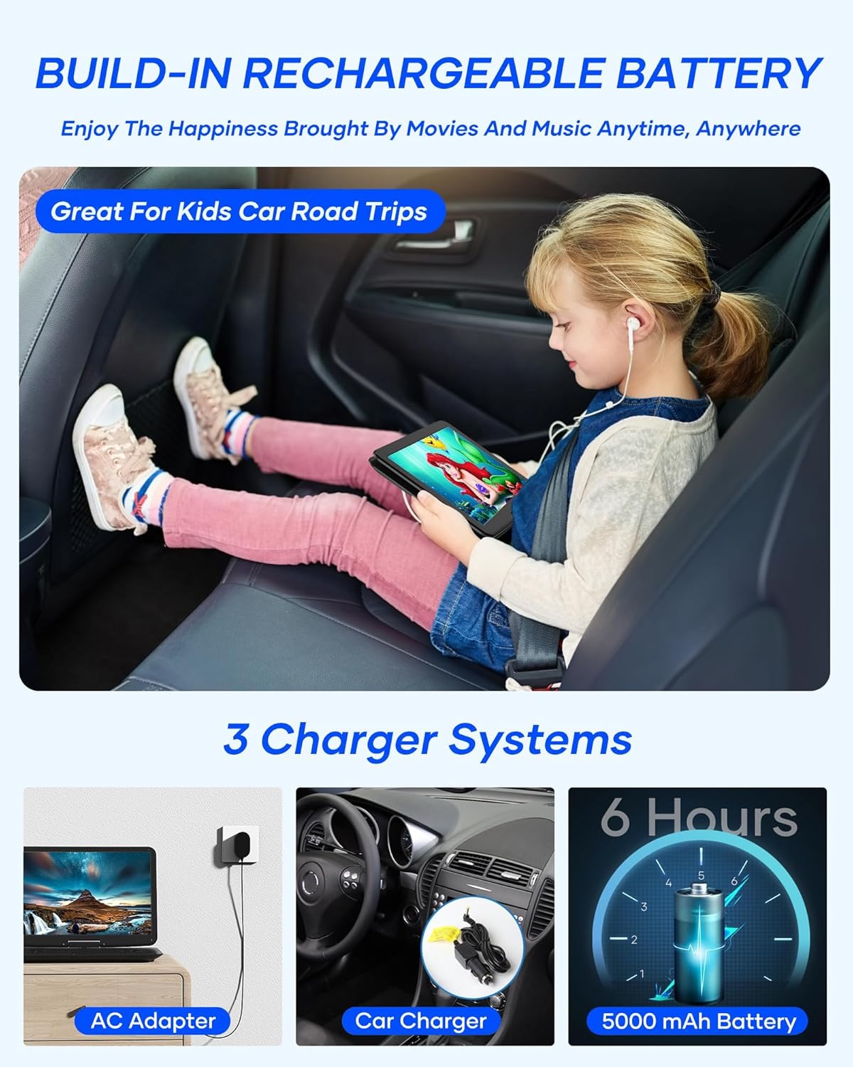 WONNIE 17.9" Portable DVD Player with 15.4" Large HD Swivel Screen, 6 Hours Rechargeable Battery, DVD Player Portable Support MP4, MKV Video & USB/SD Card/Sync TV, High Volume Speaker, All Regions - Image 6