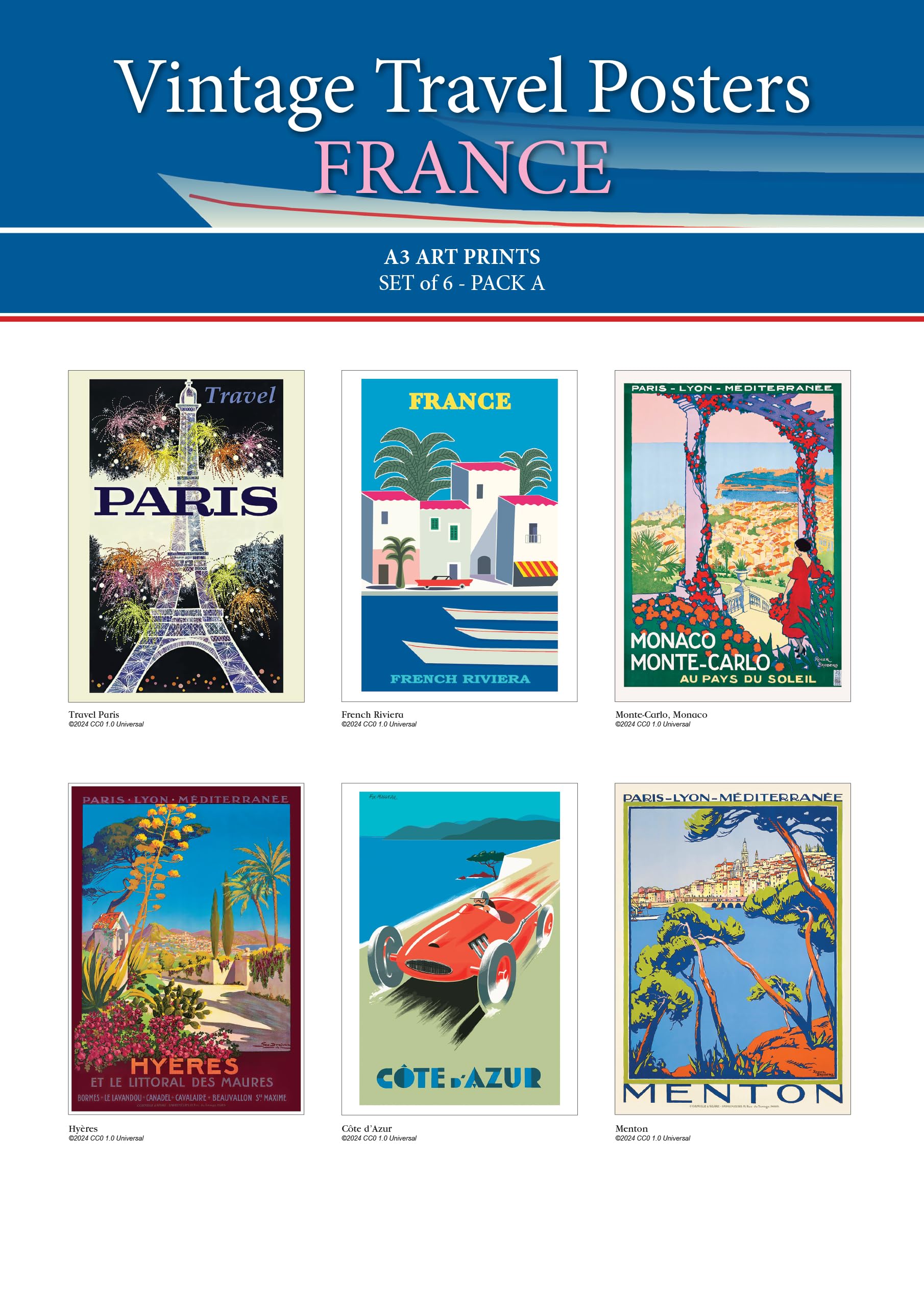 French Vintage Travel Poster Art Prints, by Fresh Publishing, 1 Pack Of 6 (Unframed) Designs, Size 420mm x 297 (A3), Thick & Sturdy Eco Friendly (FSC) Paper.