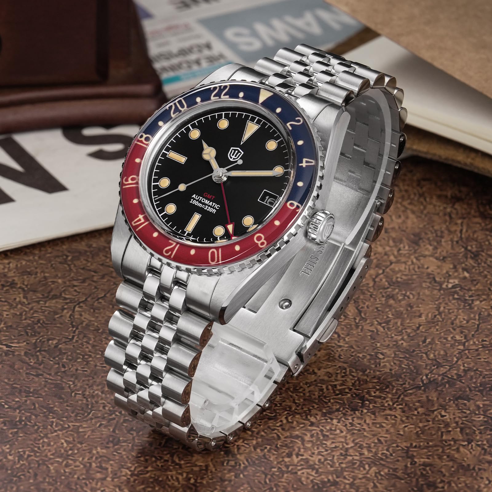 watchdives GMT Uhren Für Männer, WD6542 Männer Uhr NH34 Automatische Armbanduhr 38mm Bubble Domed Saphirglas Uhren 100M Wasserdicht