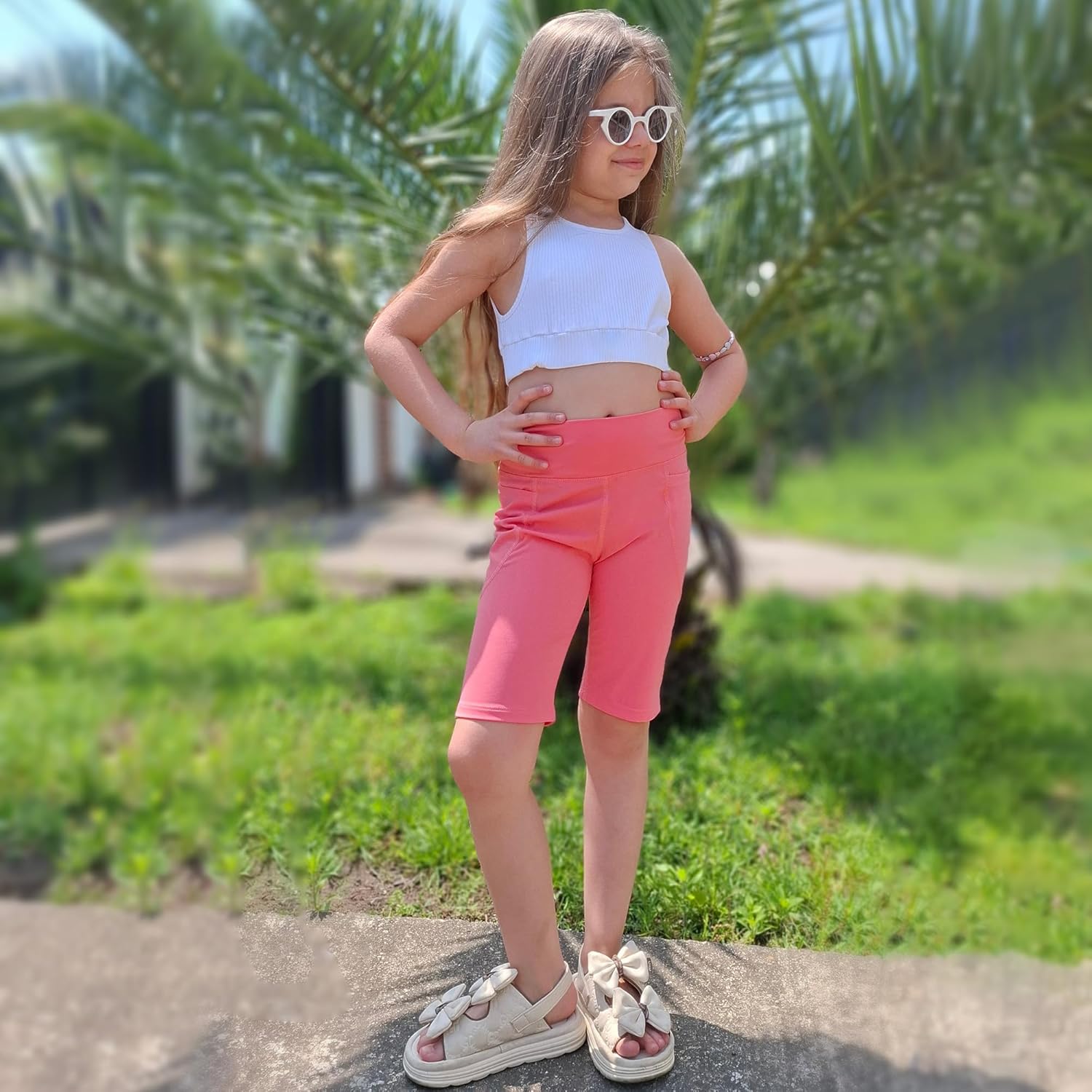 BIG ELEPHANT 4 Packs Girls' Athletic Bike Shorts, Dance Yoga Running Soccer Kids Compression Shorts with Pockets - Image 5